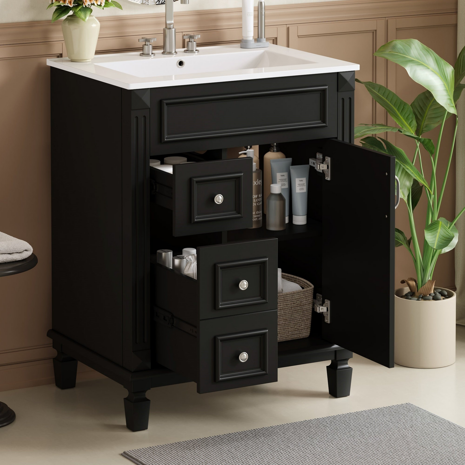 Bathroom Vanity with Ceramic Sink, Sink Cabinet with 2 Drawers and Adjustable Shelf