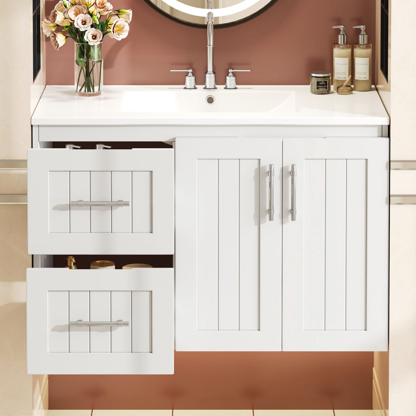 Wall Mounted Floating Bathroom Vanity Cabinet with Ceramic Sink, Drawers & Adjustable Shelf