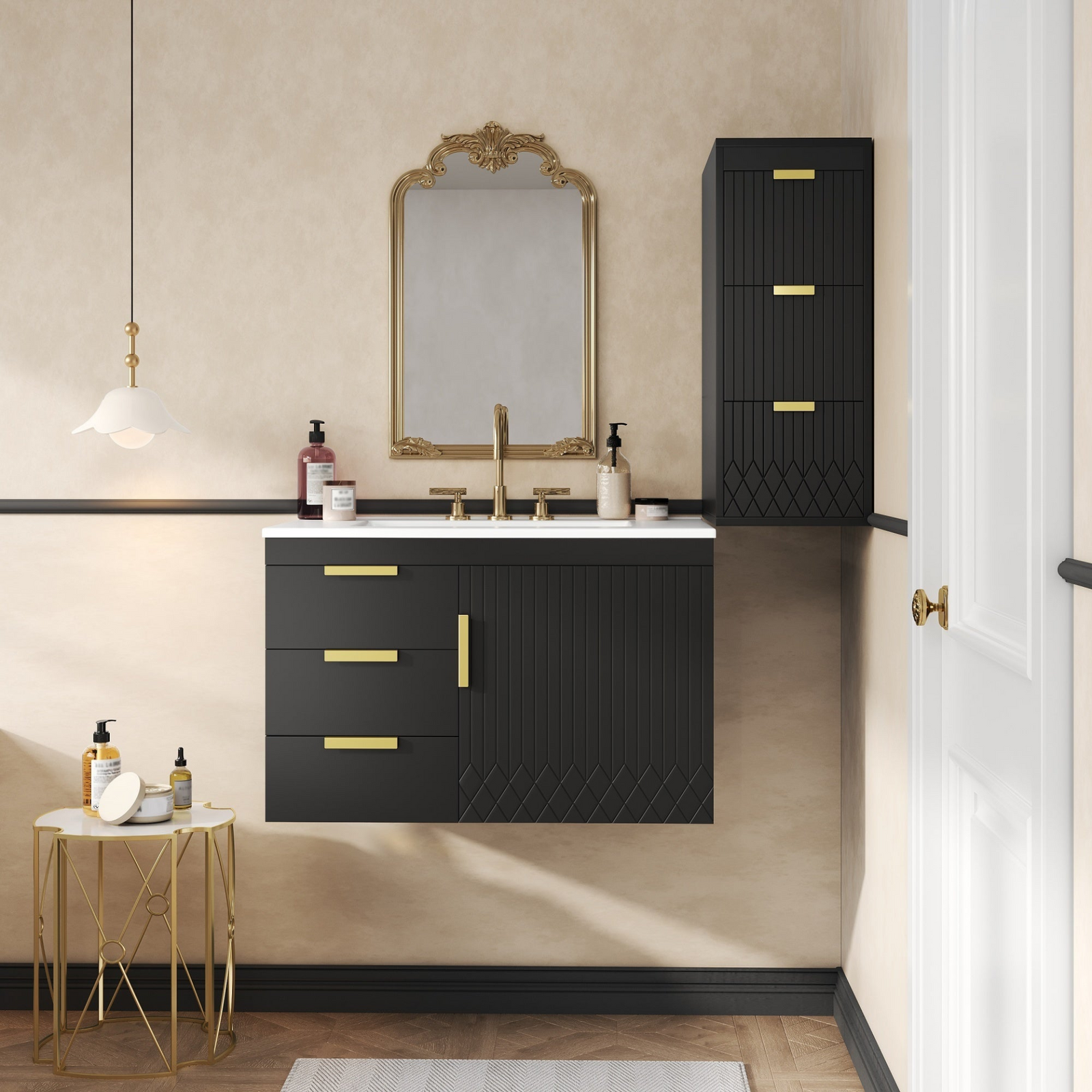 Wall Mounted Bathroom Vanity with Side Cabinet Combo, Soft-Closing Doors & Drawers