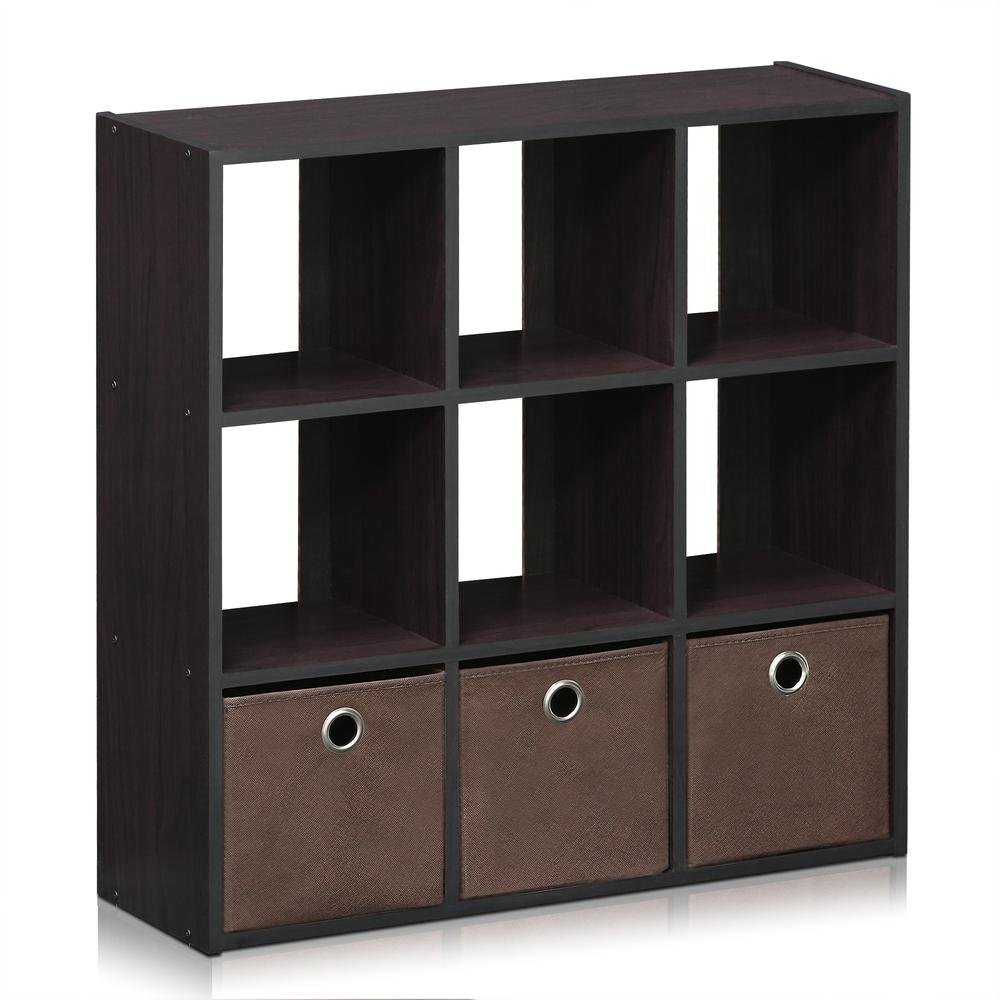 Simplistic 9-Cube Storage Organizer with Fabric Bins – Dark Walnut