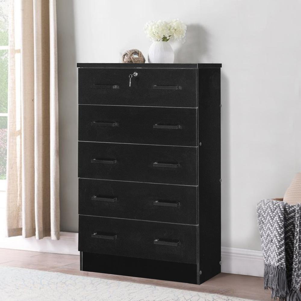Better Home Products Cindy 5-Drawer Chest Dresser with Lock – Black Engineered Wood Storage Chest