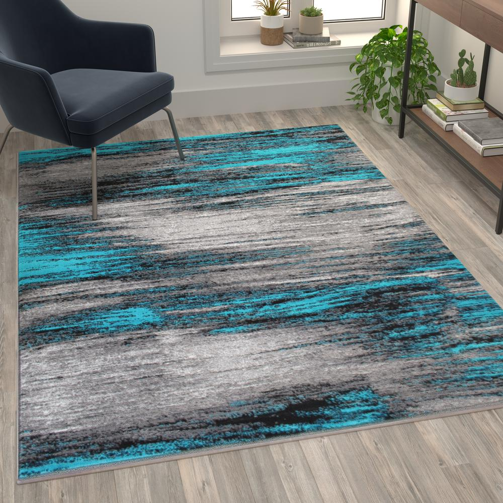 5' x 7' Turquoise Scraped Design Area Rug - Olefin Rug with Jute Backing