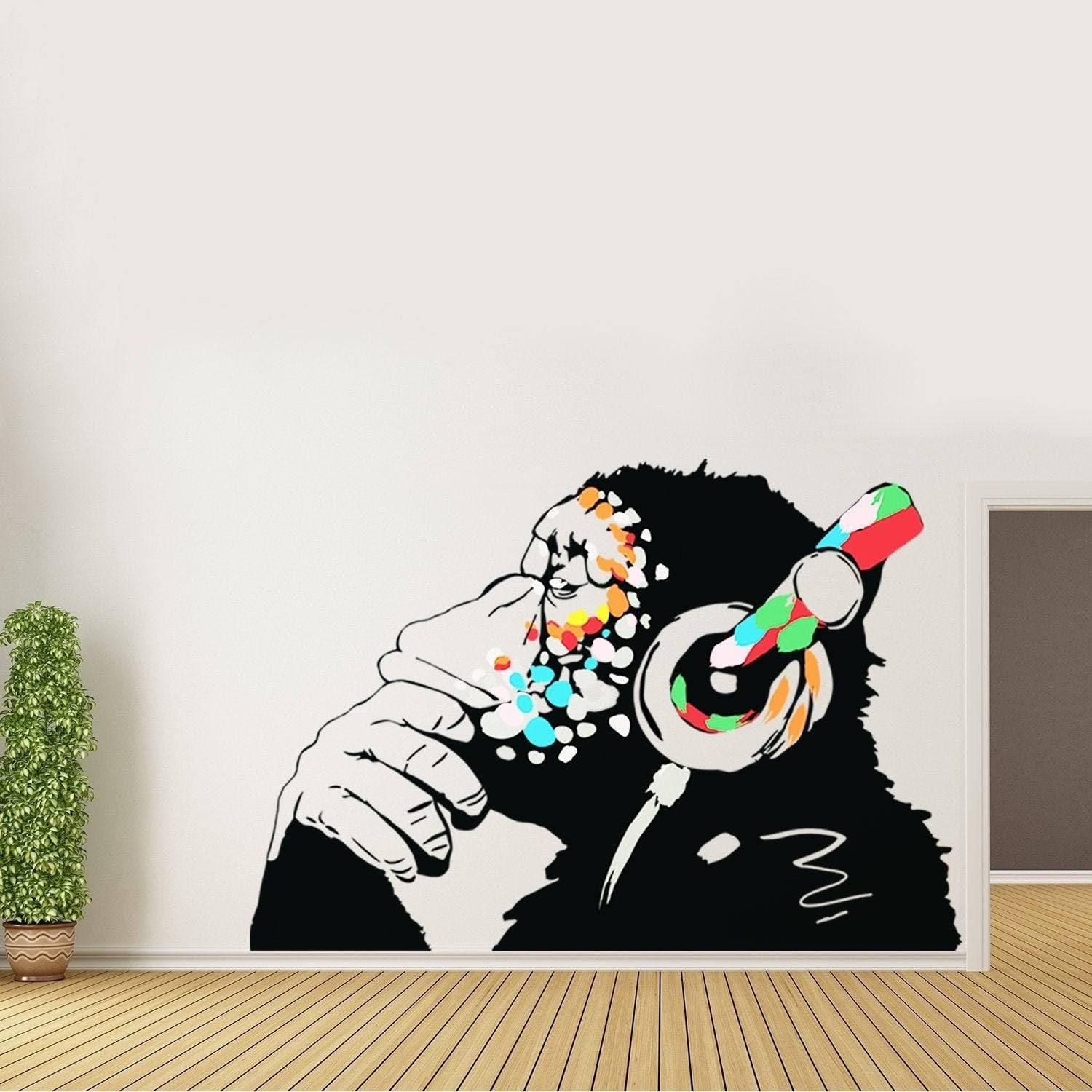 Banksy Thinking Monkey Wall Sticker - Art Vinyl Street Dj Baksy Decal - Headphones Chimp Music Thinker Graffiti Mural