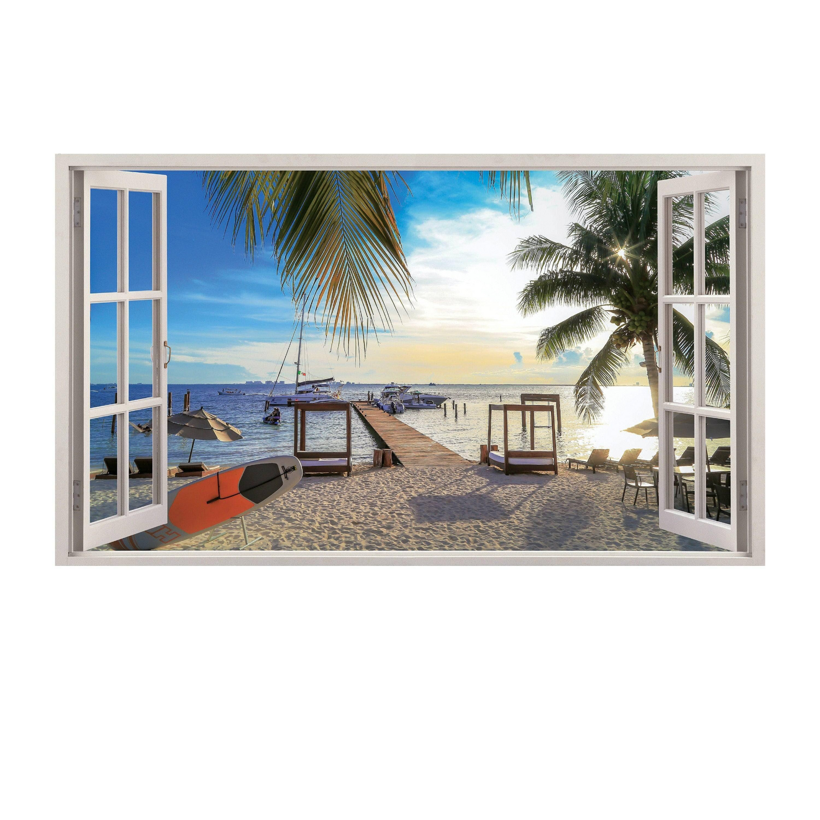 Peel and Stick 3D Window Beach View Wall Decal – Tropical Ocean Vinyl Sticker