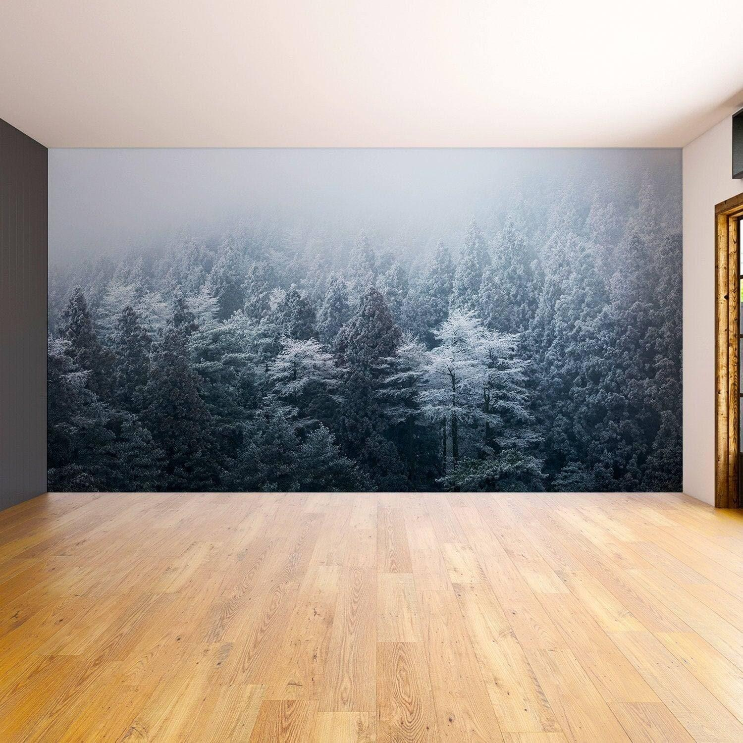 Misty Pine Hill Wall Mural: Enchanting Forest Artwork for Transformative Ambiance