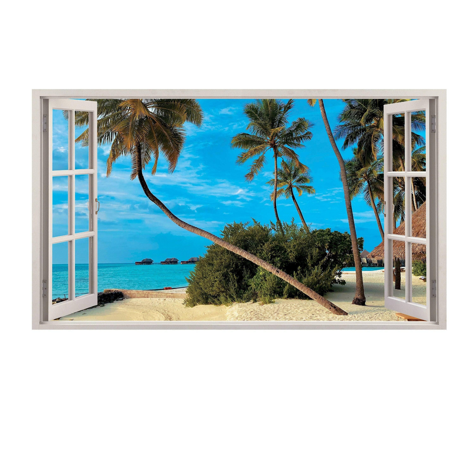 Peel and Stick 3D Window Beach View Wall Decal – Tropical Ocean Vinyl Sticker