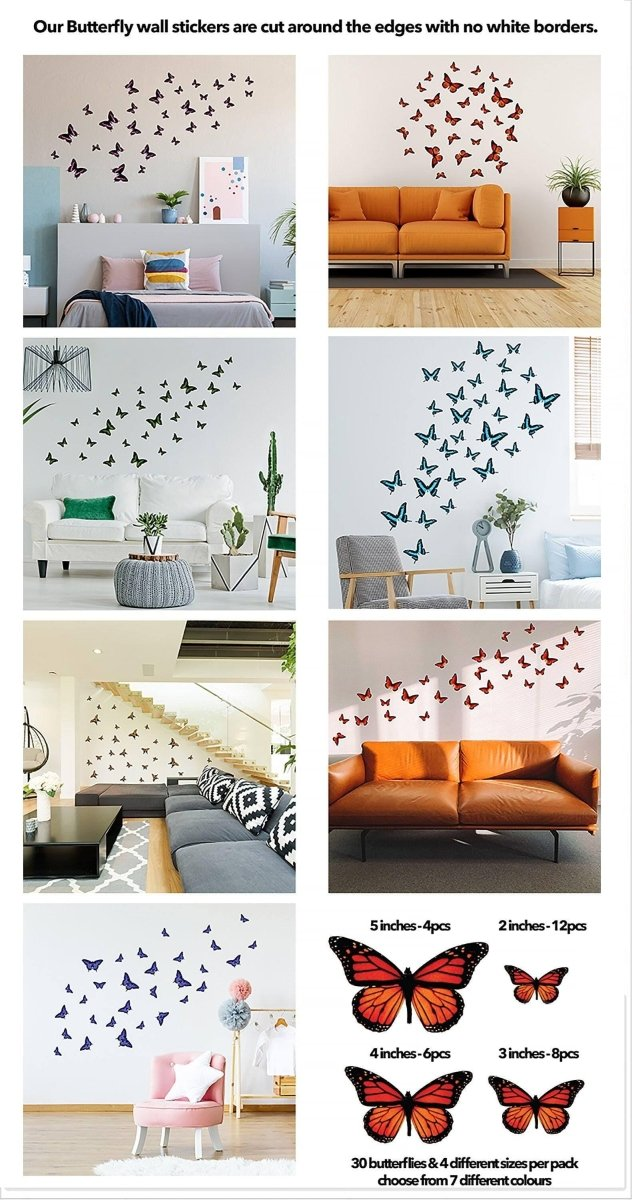 30 Butterfly Peel and Stick Wall Decals – Vinyl Butterfly Wall Decor Stickers Set