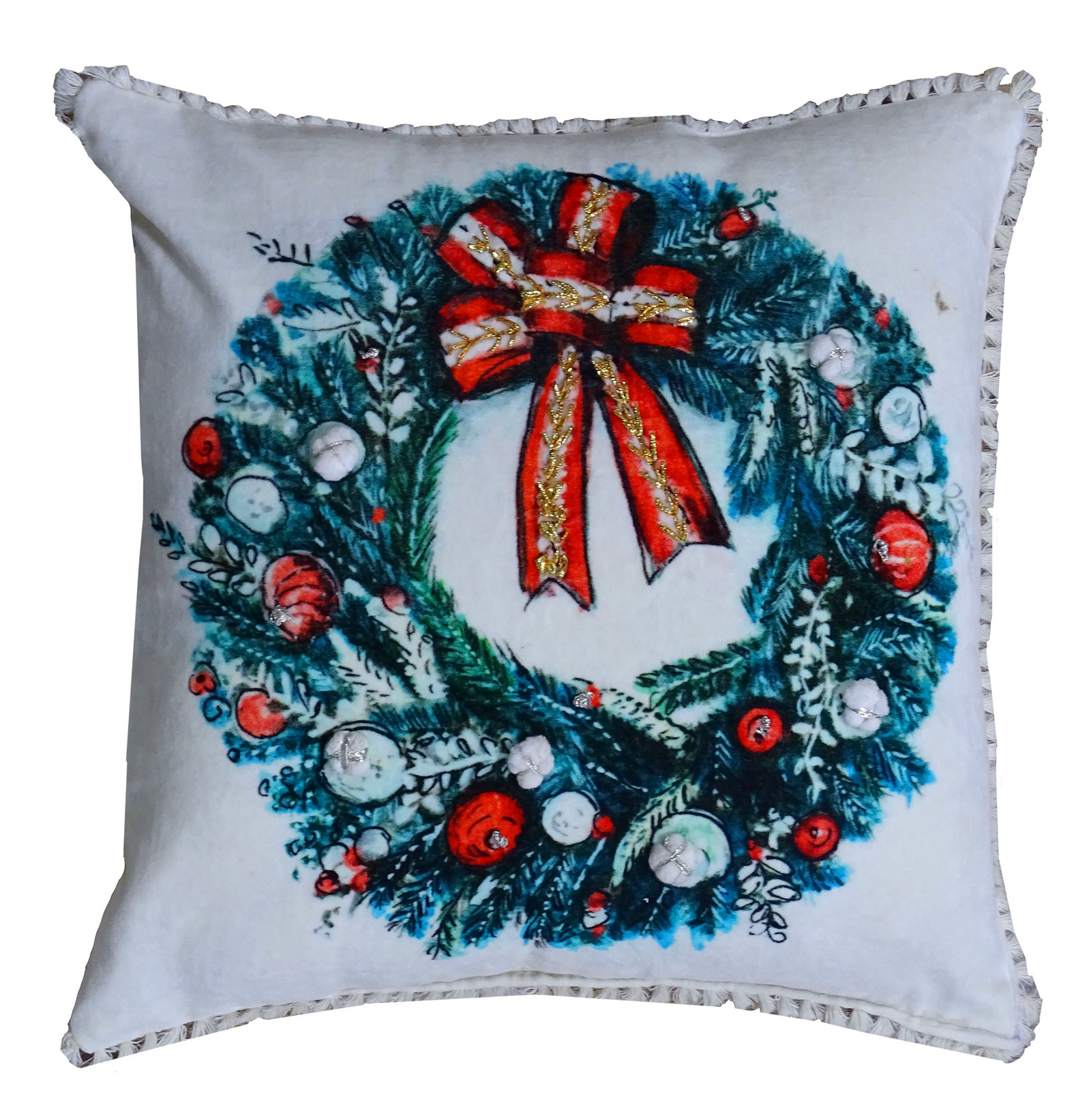 Christmas Wreath Holiday Decorative Throw Pillow – 18"x18", Handwoven & Embroidered