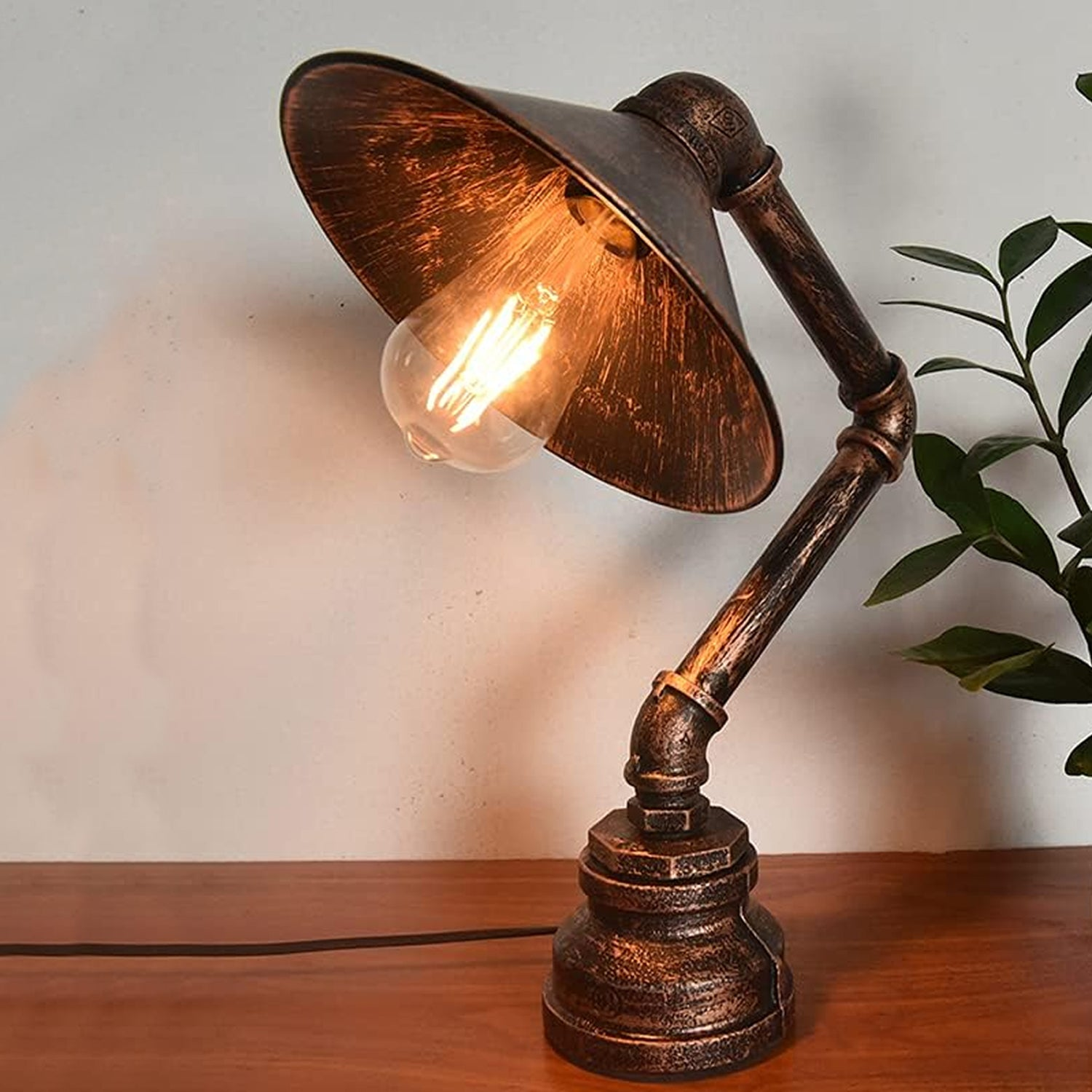 Steampunk Industrial Water Pipe Table Lamp – Brushed Copper & Rustic Red (E27 Bulb Optional)