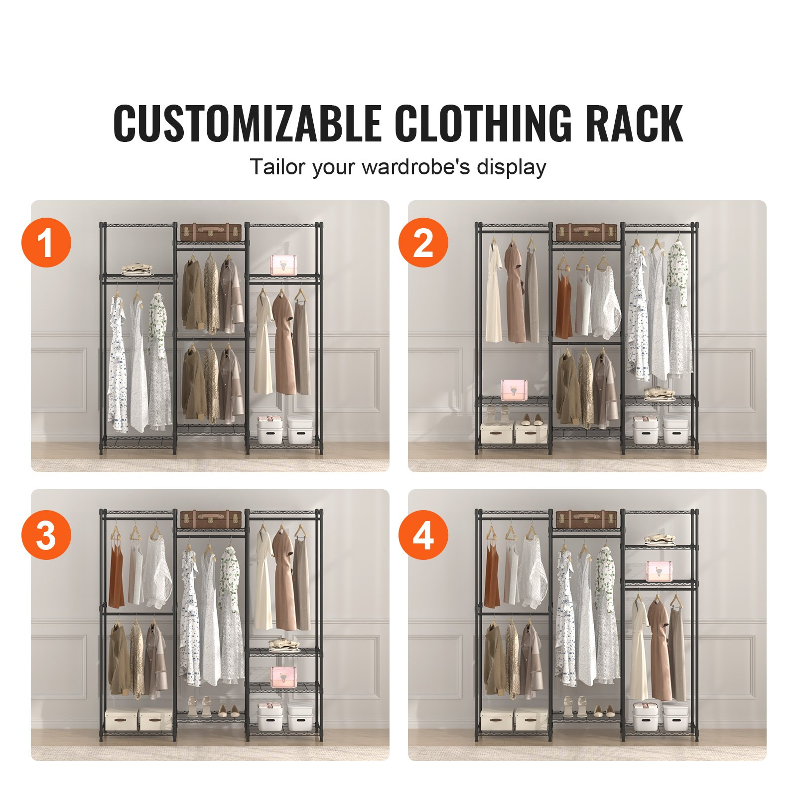 VEVOR Heavy Duty Clothes Rack, Rolling Clothing Garment Rack with 4 Hang Rods & 8 Storage Tiers, Adjustable Custom Closet Rack, Freestanding Wardrobe for Hanging Clothes, 800 lbs Load Capacity