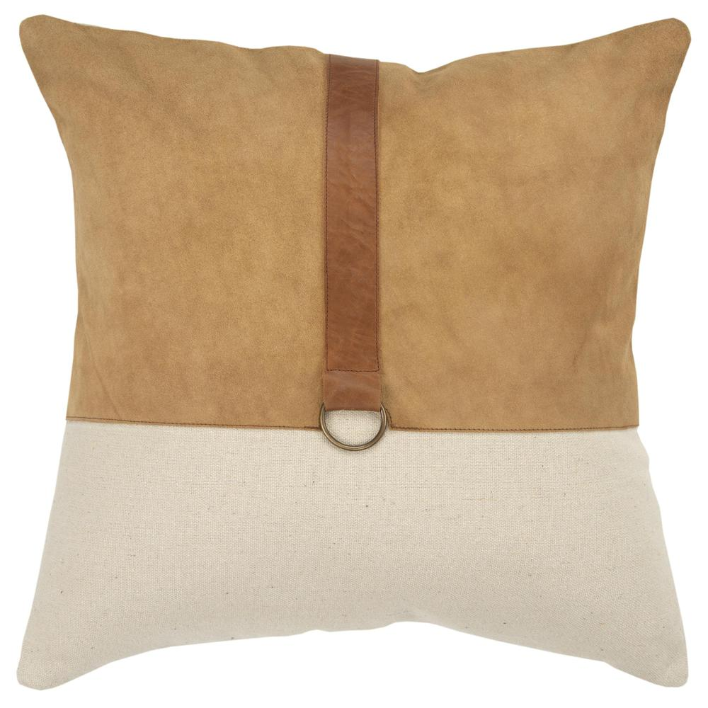 Rizzy Home Premium Cotton & Leather Mountain Pillow Cover – Sueded Color Block with Metallic Hardware, 20" × 20", 1-Piece
