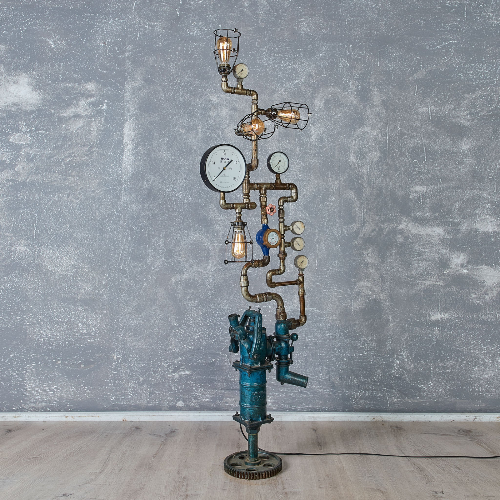 Water Pump Floor Lamp – Vintage Steampunk Sculptural Lighting