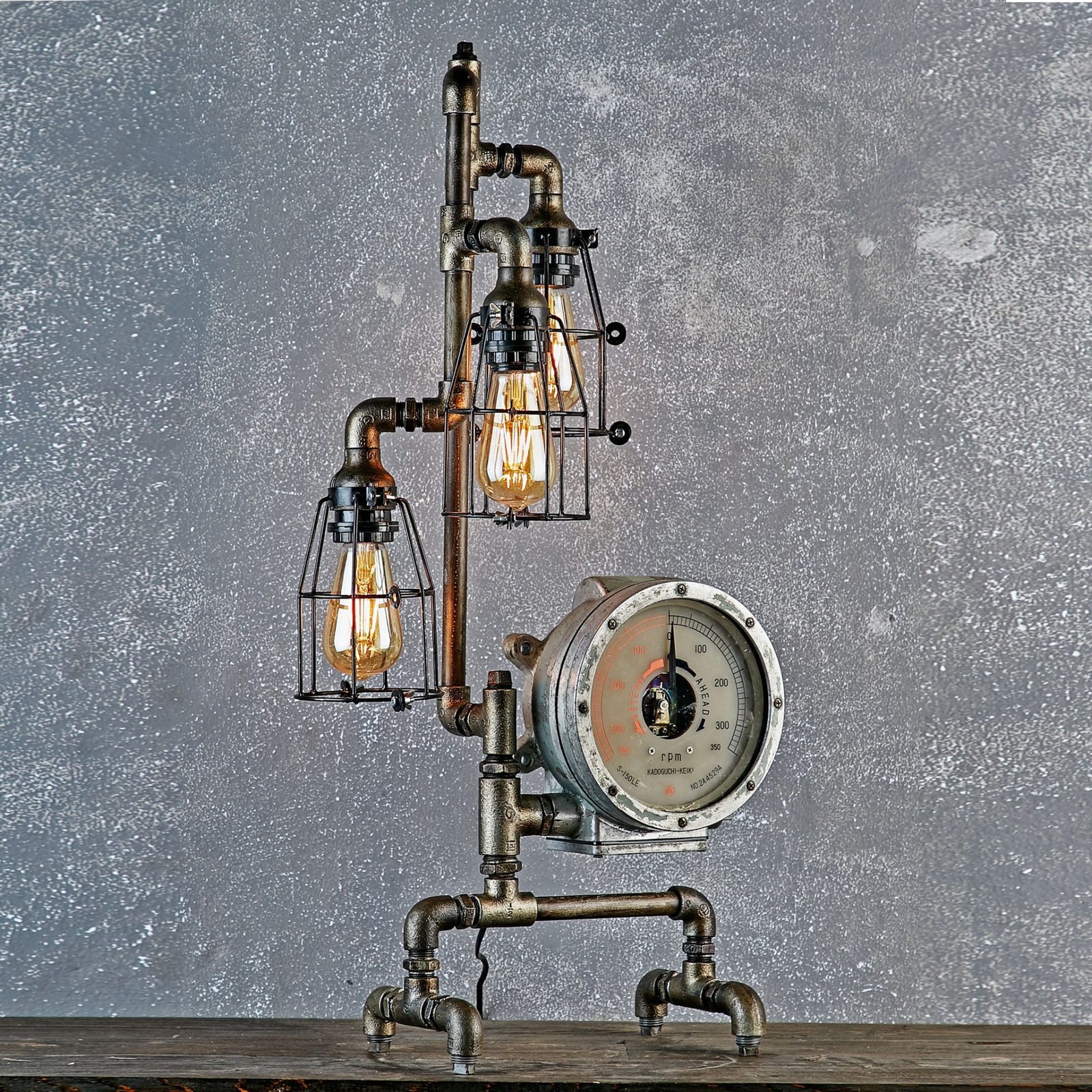 Big RPM Industrial Table Lamp – Vintage Gauge Sculptural Lighting