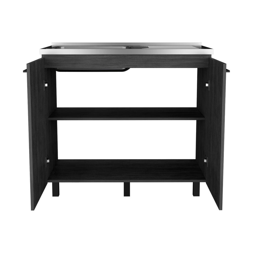 Utility Base Cabinet Stainless Steel Countertop and 2-Door, Smokey Oak -Kitchen