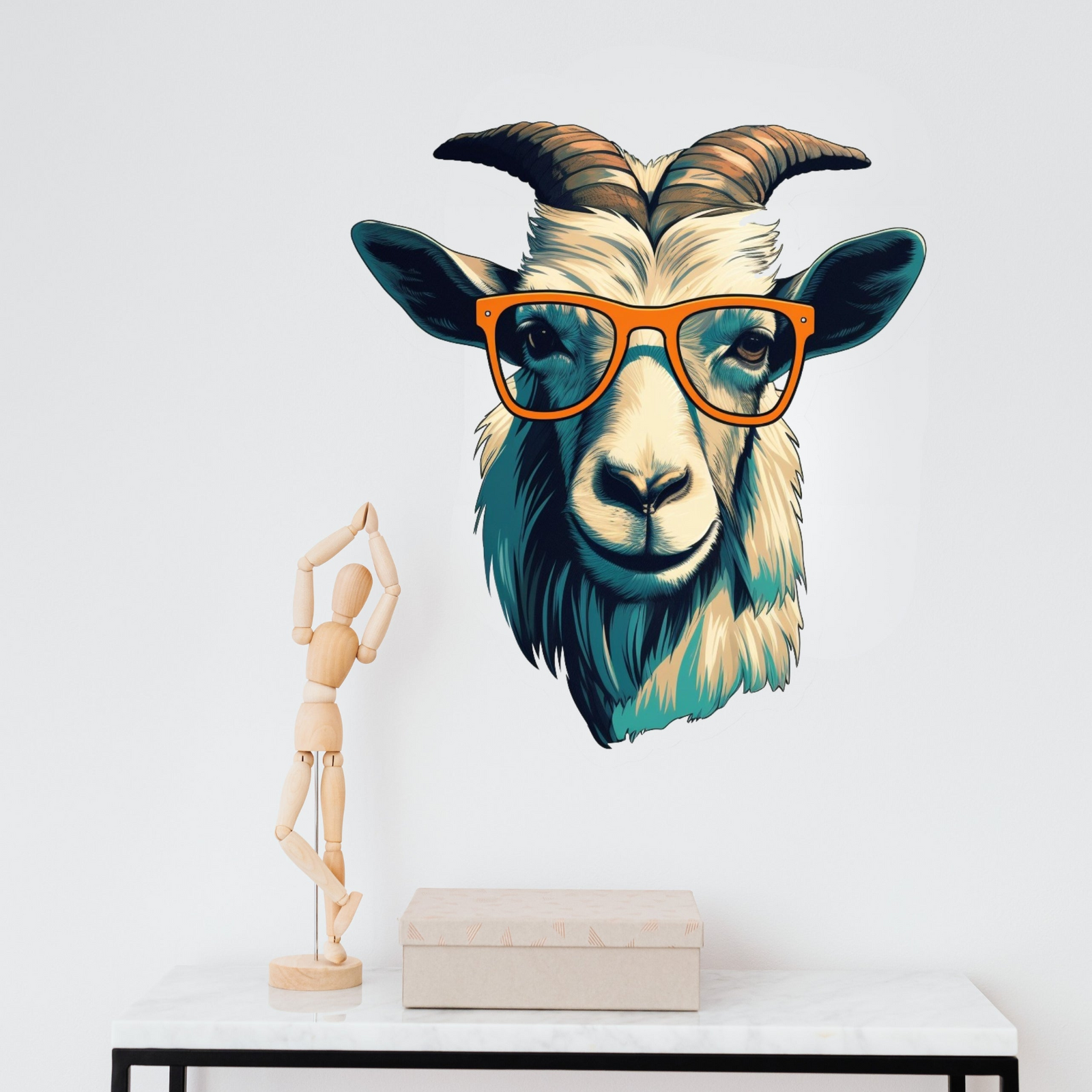 3D Goat Head in Glasses Wall Decal - Vibrant Light Indigo and Amber Style Art Sticker