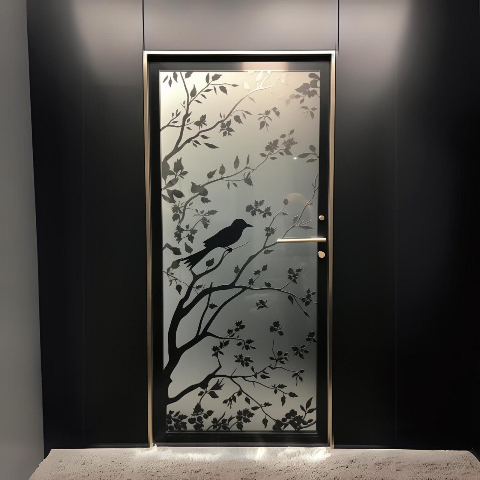 Elegant Frosted Black Tree Silhouette Decal for Glass Doors or Windows - Privacy Frosting Film with Etched Branch and Bird Sticker Design