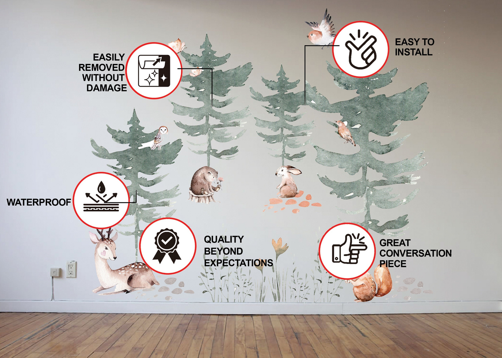 Forest Animals and Trees Wall Decal for Kids Room - Nursery Woodland Stickers with Watercolor Tree