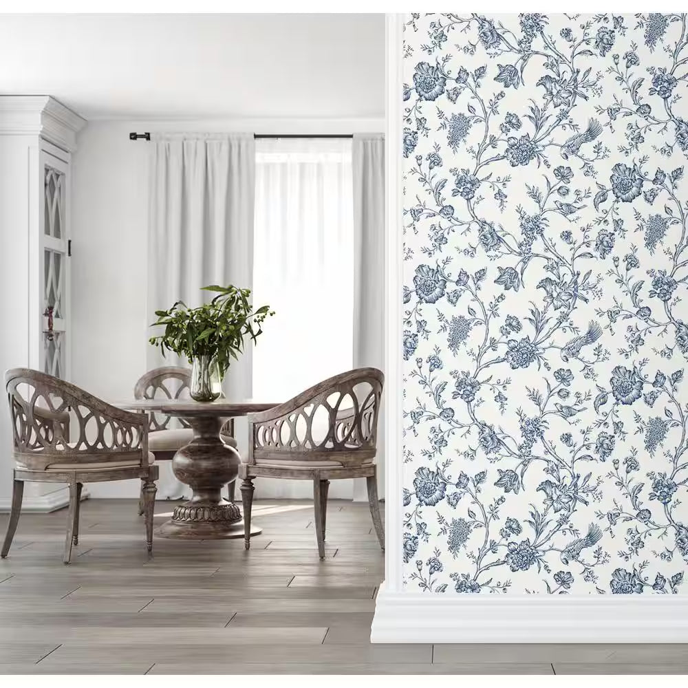 Navy Blue Jasmine Chinoiserie Vinyl Peel and Stick Wallpaper Roll 40.5 sq. ft. 