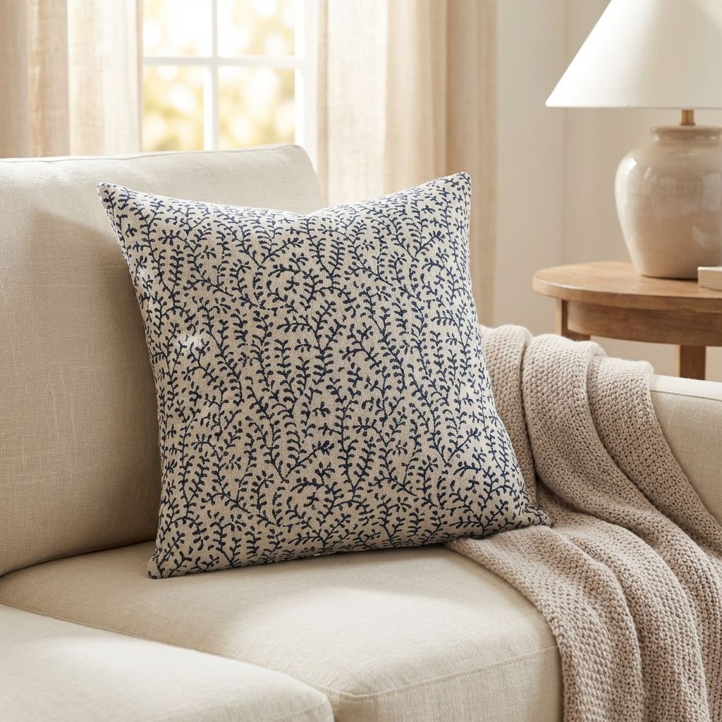 Deep Blue Reef Blue, cream Floral Luxury Throw Pillow