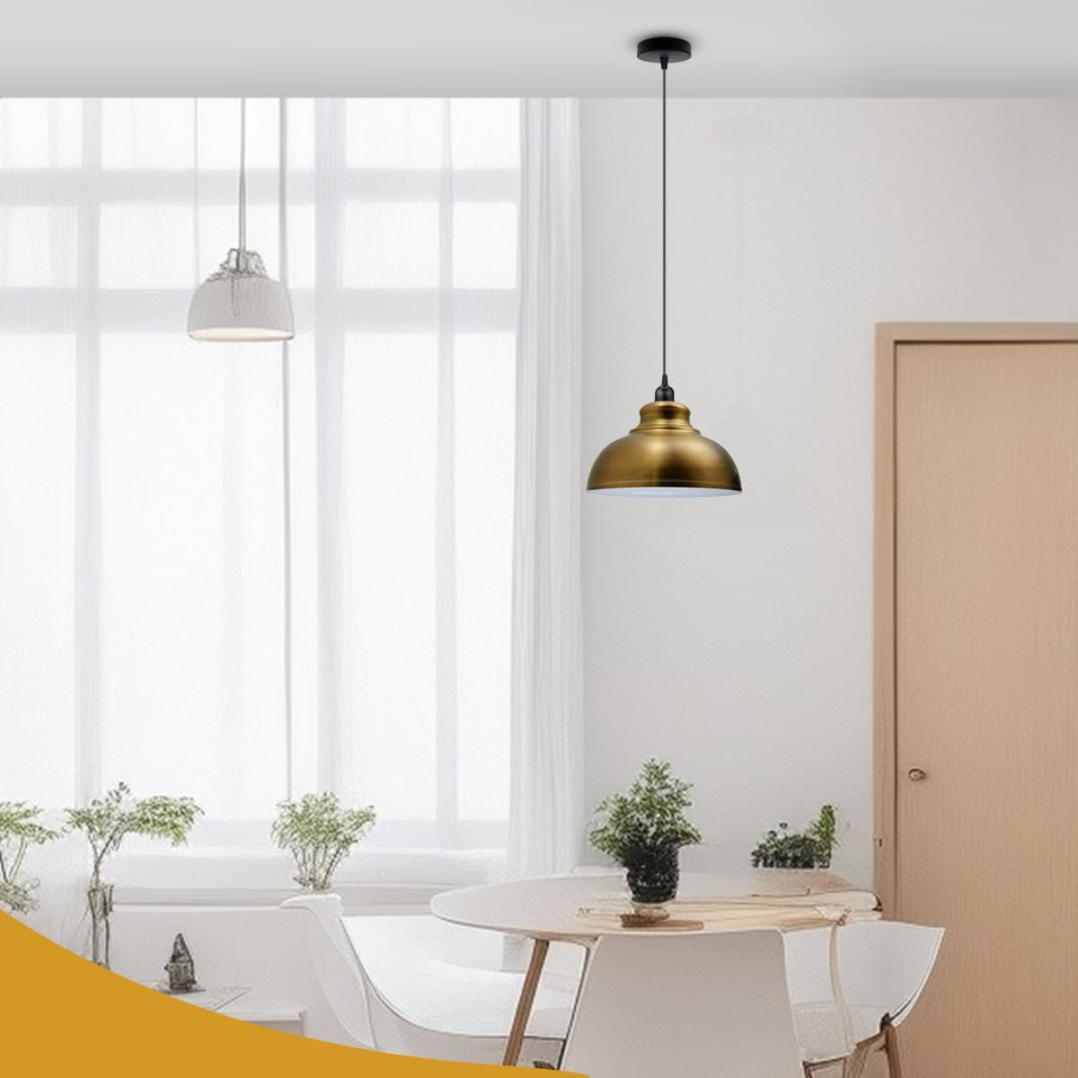 Vintage Loft Yellow Brass Pendant Light with Metal Lampshade – Retro Industrial Ceiling Fixture