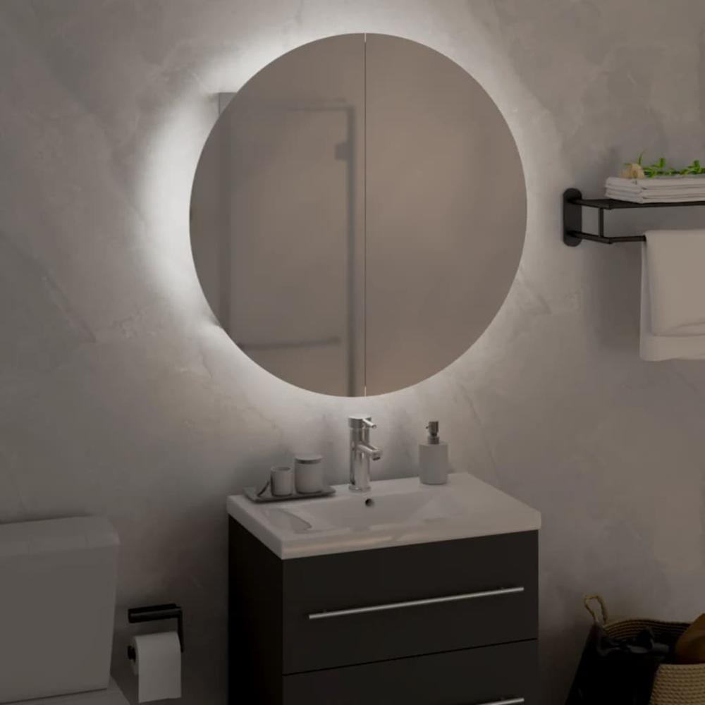Wall-Mounted Bathroom Cabinet with Round Mirror & LED Lighting – White