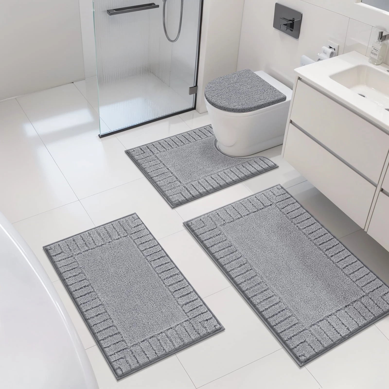 Bathroom Rugs Set of 4 Piece, Bath Mats, Microfiber Non Slip Shaggy Ultra Soft Bathroom Runner with U Shaped Contour Toilet Mat for Bathroom, Shower Inside Floor, Gray