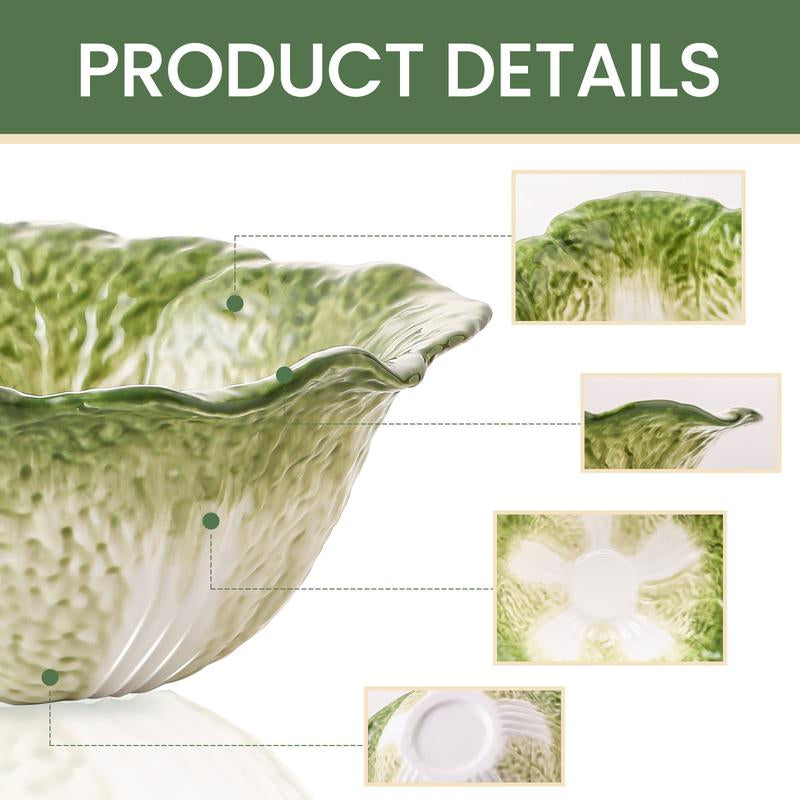 KXZ 3-Piece Cabbage Ceramic Bowl Set – 5oz, 16oz & 60oz Bowls for Soup, Salad, Fruit | Elegant Green Hand-Painted Serving Bowls