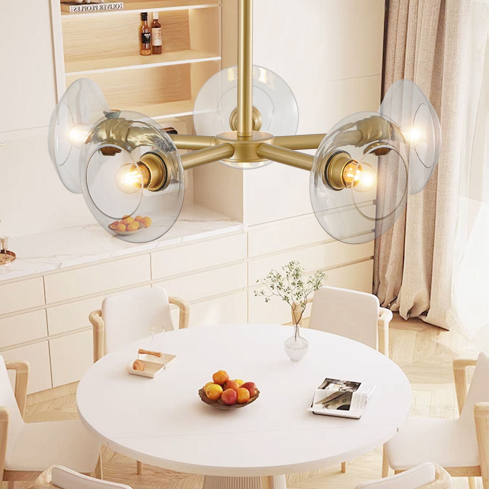 26' Modern Gold 5-Light Sputnik Chandelier with Clear Glass Shades, Mid-Century Hanging Pendant Light Fixture for Dining Room, Living Room, or Kitchen (Bulb Not Included)