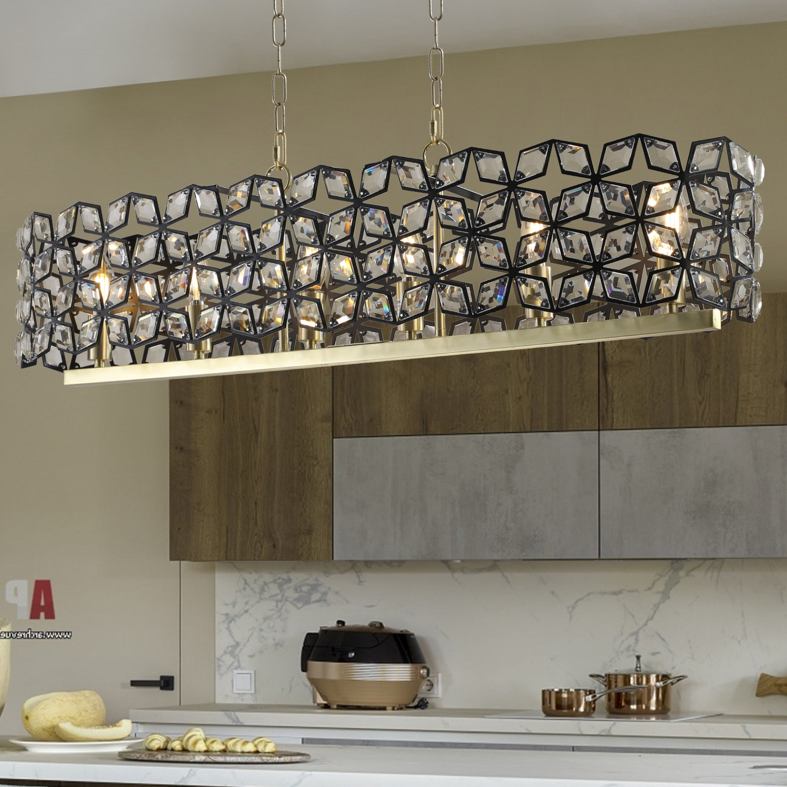 39' Contemporary Crystal and BlackGold Pendant Chandelier – Geometric Modern Light Fixture for Dining Room, Kitchen, or Living Room (Bulb Not Included)