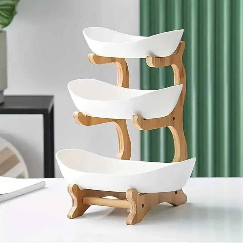 3-Tier Oval Fruit Basket with Bamboo Stand - Durable Polypropylene Kitchen Storage Rack, Natural Bamboo Finish, Refrigerator Ice Tray Replacement, Modern Elegant Design for Showers, Fruit Basket for Kitchen, Party Serving Tray, Stylish Storage Solution