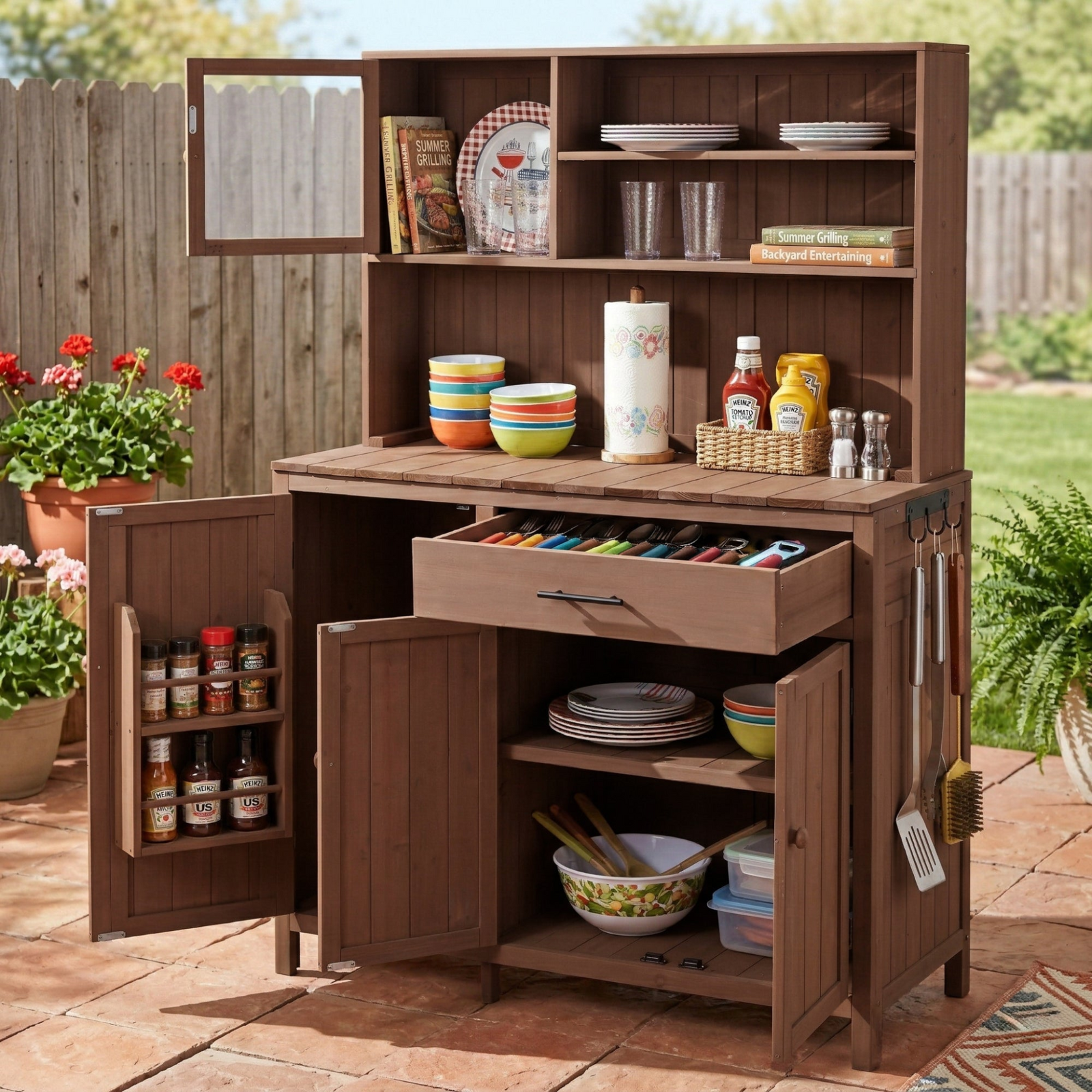 Potting Bench with Hutch, 65' H Solid Fir Wood Garden Workstation, Large Countertop, Patio Kitchen Island with Adjustabl