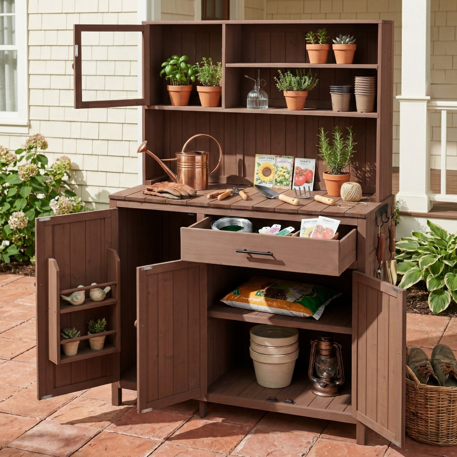 Potting Bench with Hutch, 65' H Solid Fir Wood Garden Workstation, Large Countertop, Patio Kitchen Island with Adjustabl