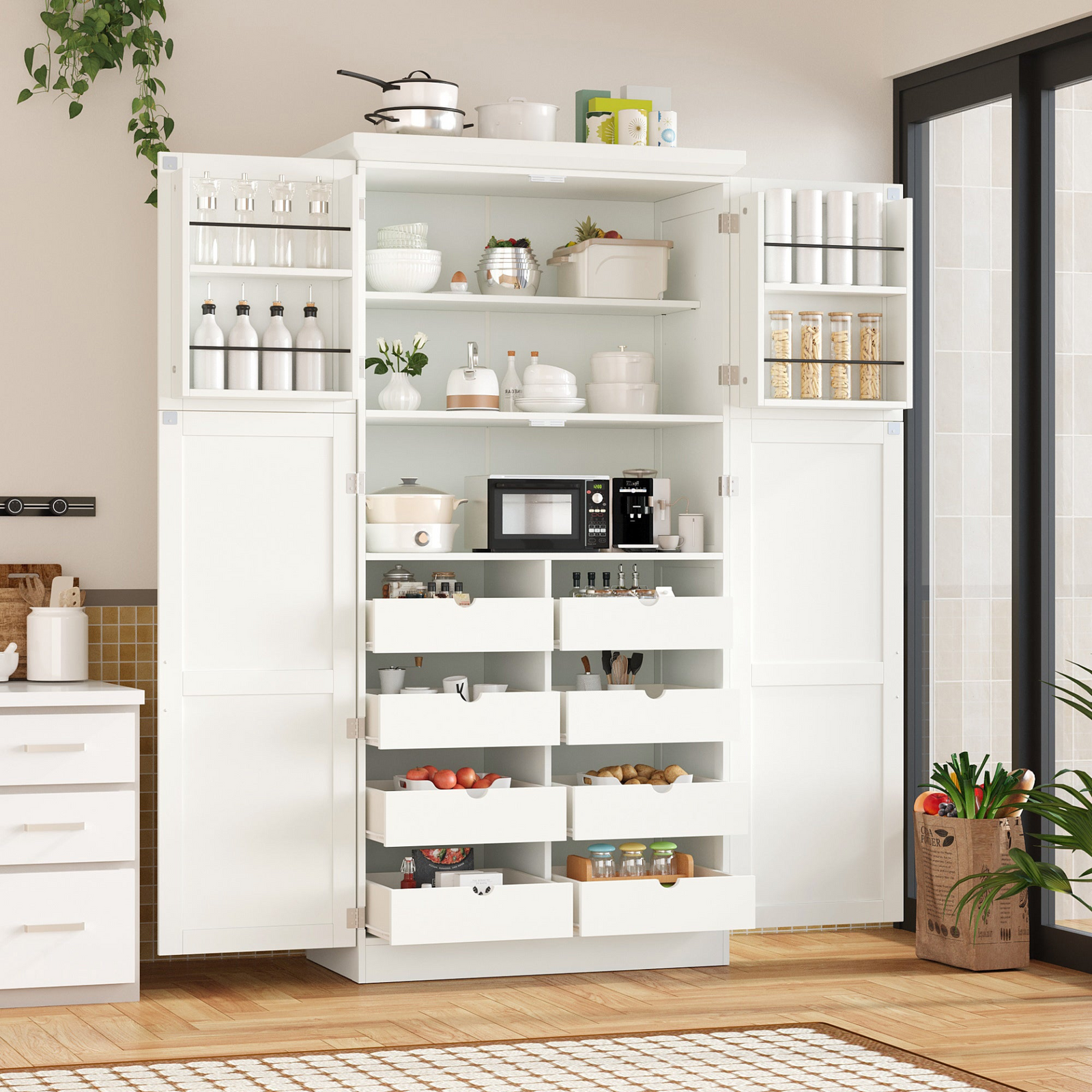 35.5x17.6x70.9inch Freestanding Kitchen Pantry Cabinet, Tall Storage Cabinet with 4 Doors, 2 Door Shelves, 8 Pull-out Tr
