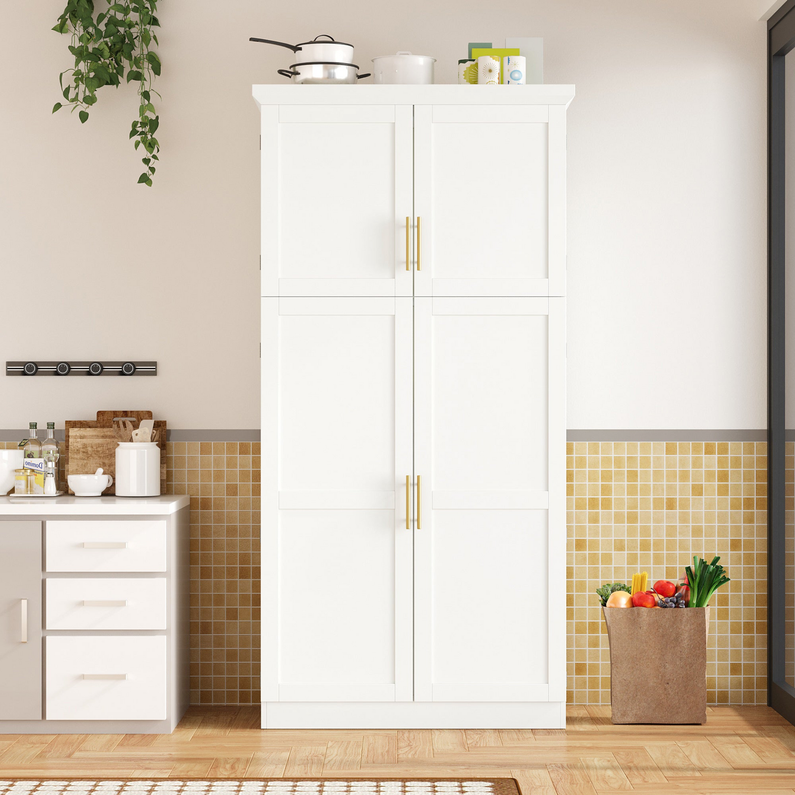35.5x17.6x70.9inch Freestanding Kitchen Pantry Cabinet, Tall Storage Cabinet with 4 Doors, 2 Door Shelves, 8 Pull-out Tr