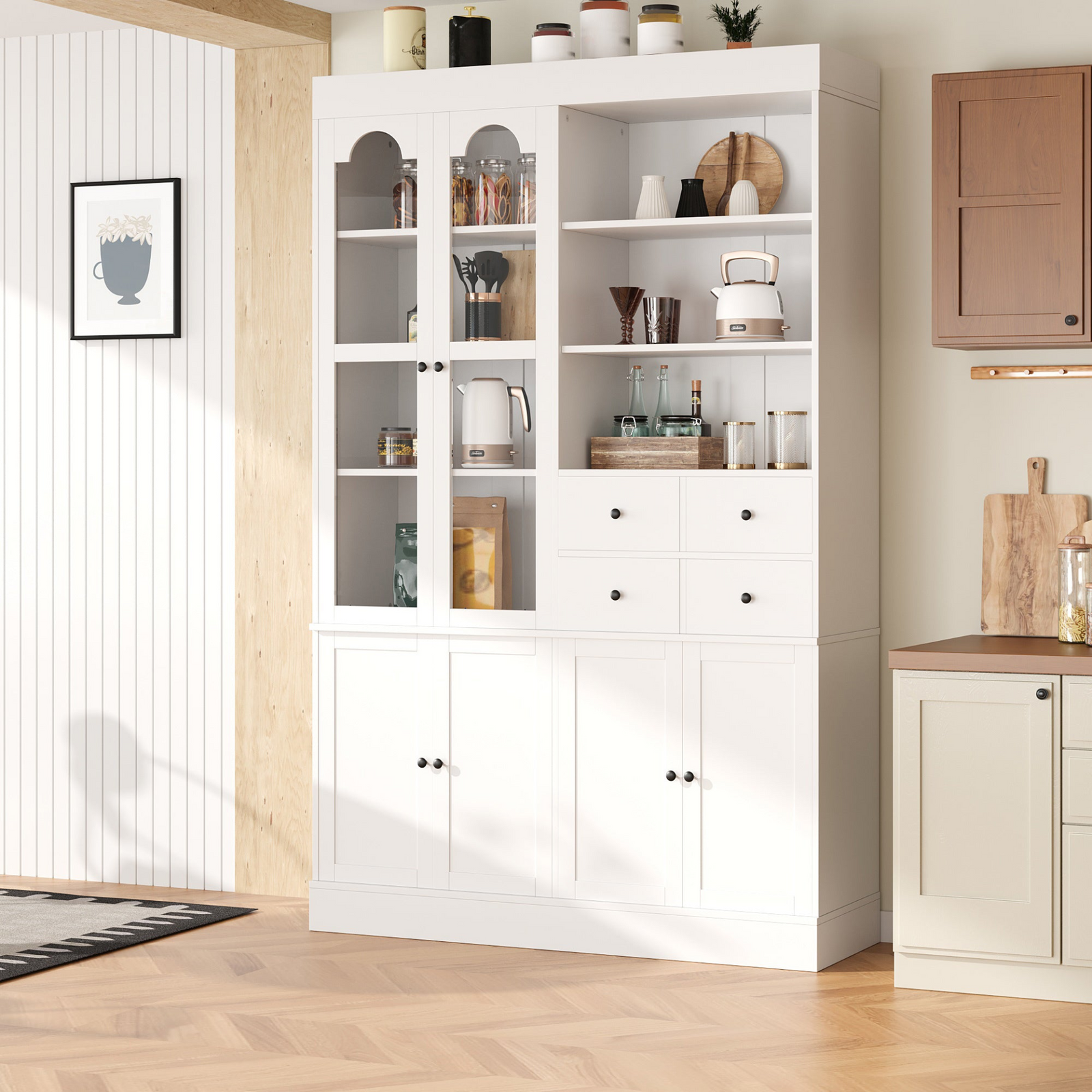 47.2x15.7x75inch Freestanding Buffet with Hutch, Tall Kitchen Pantry Cabinet with 4 Drawers, Door Shelves and Pull-out T