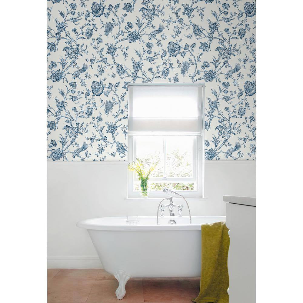 Navy Blue Jasmine Chinoiserie Vinyl Peel and Stick Wallpaper Roll 40.5 sq. ft. 