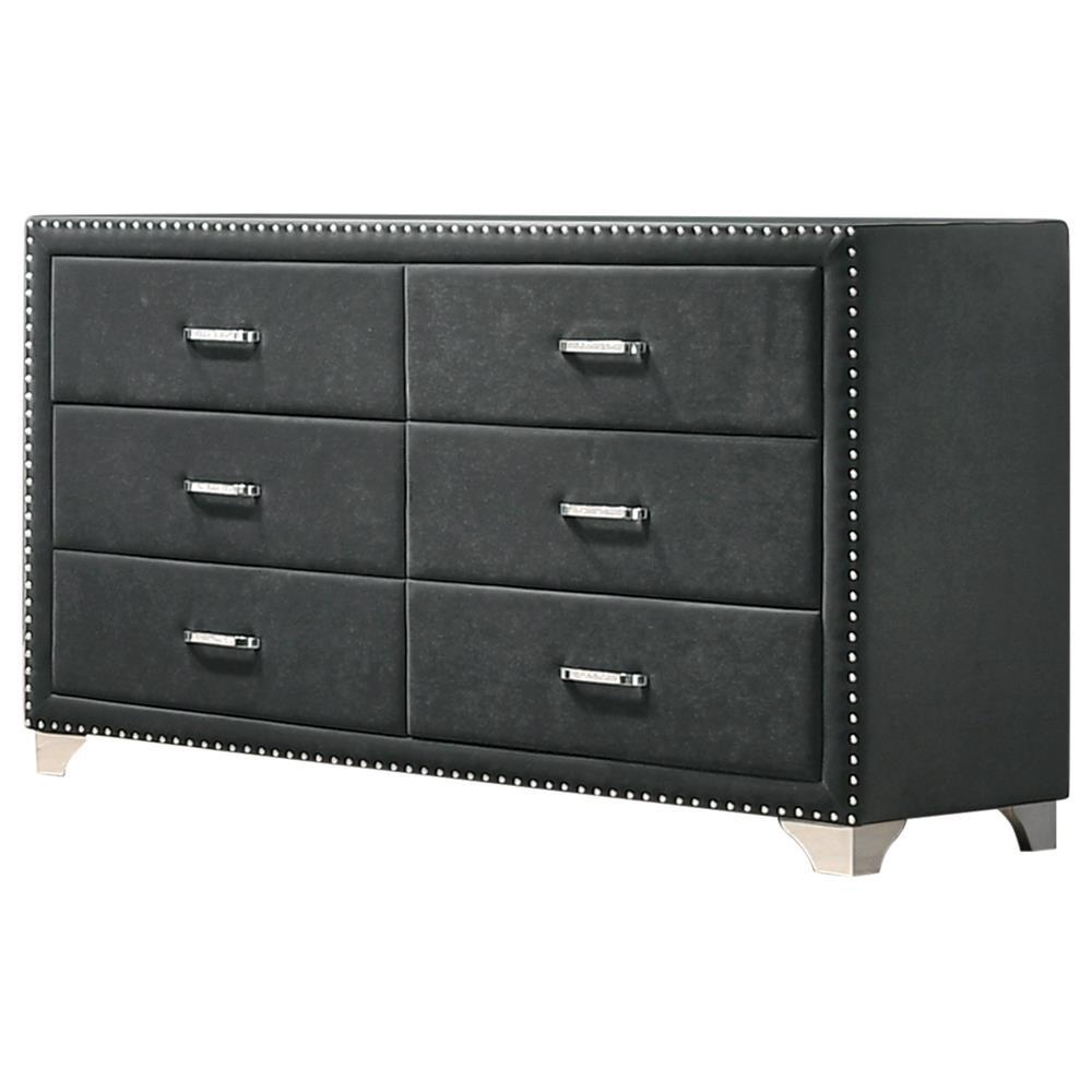 Melody 6-Drawer Grey Velvet Upholstered Dresser with Nailhead Trim