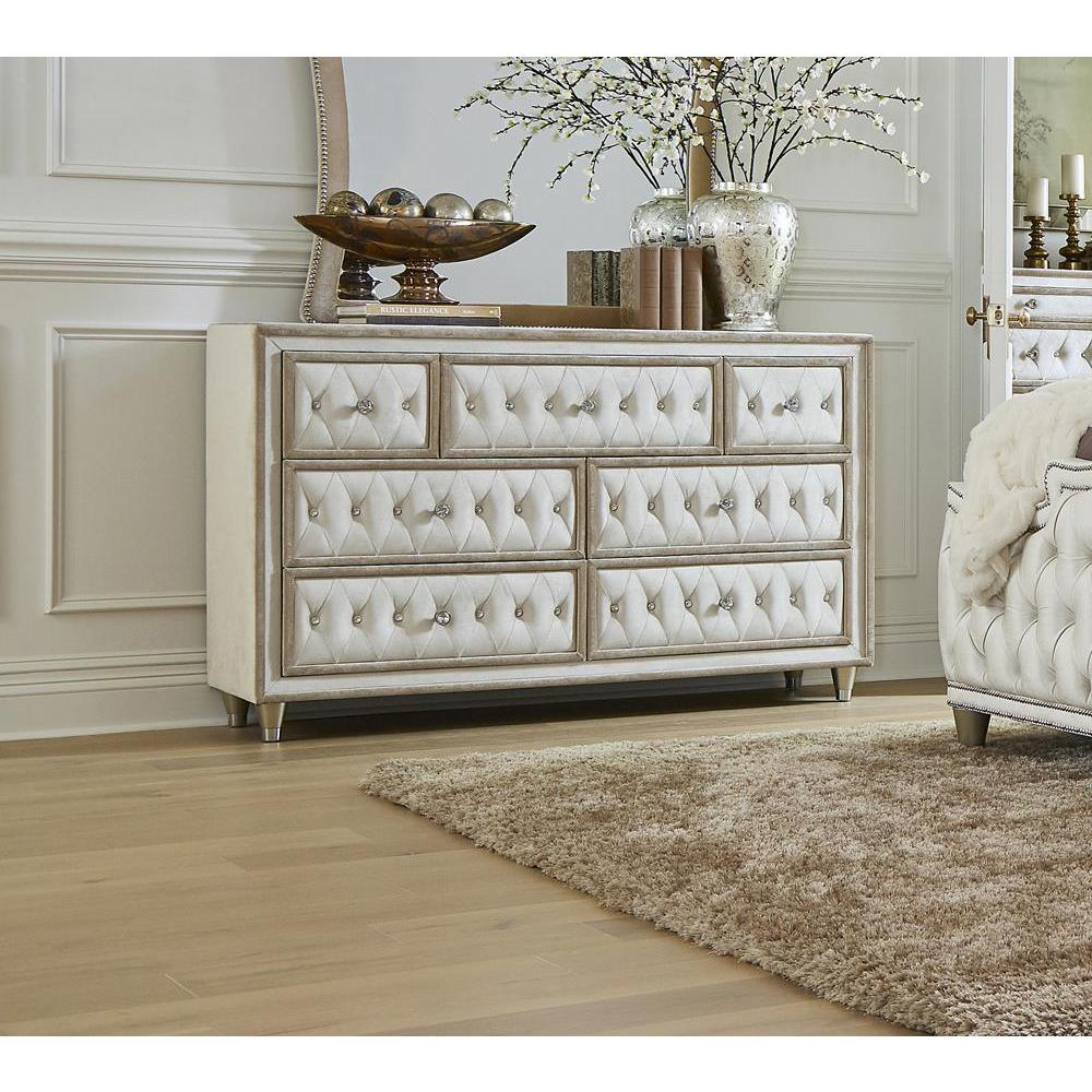 Antonella French Provincial Upholstered 7-Drawer Dresser in Ivory & Camel Velvet with Crystal Accents