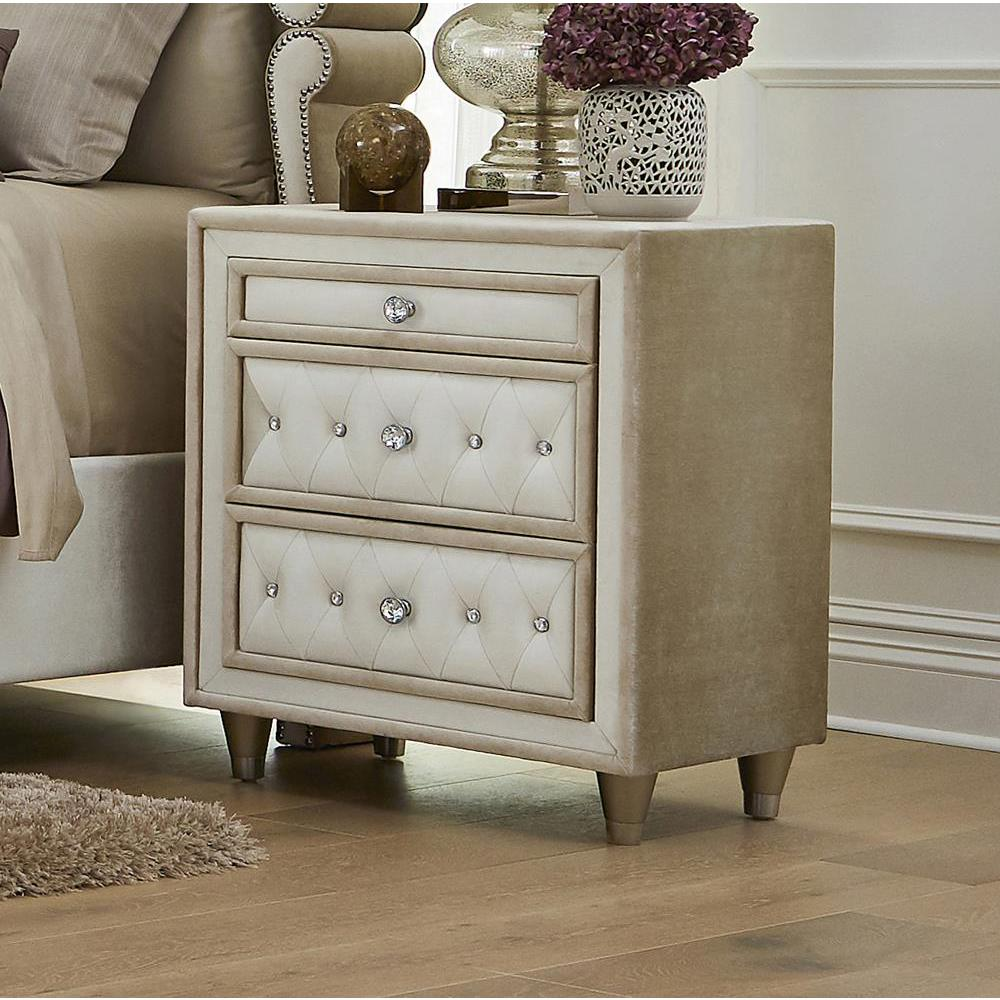 Antonella Upholstered 3-drawer Nightstand Ivory and Camel