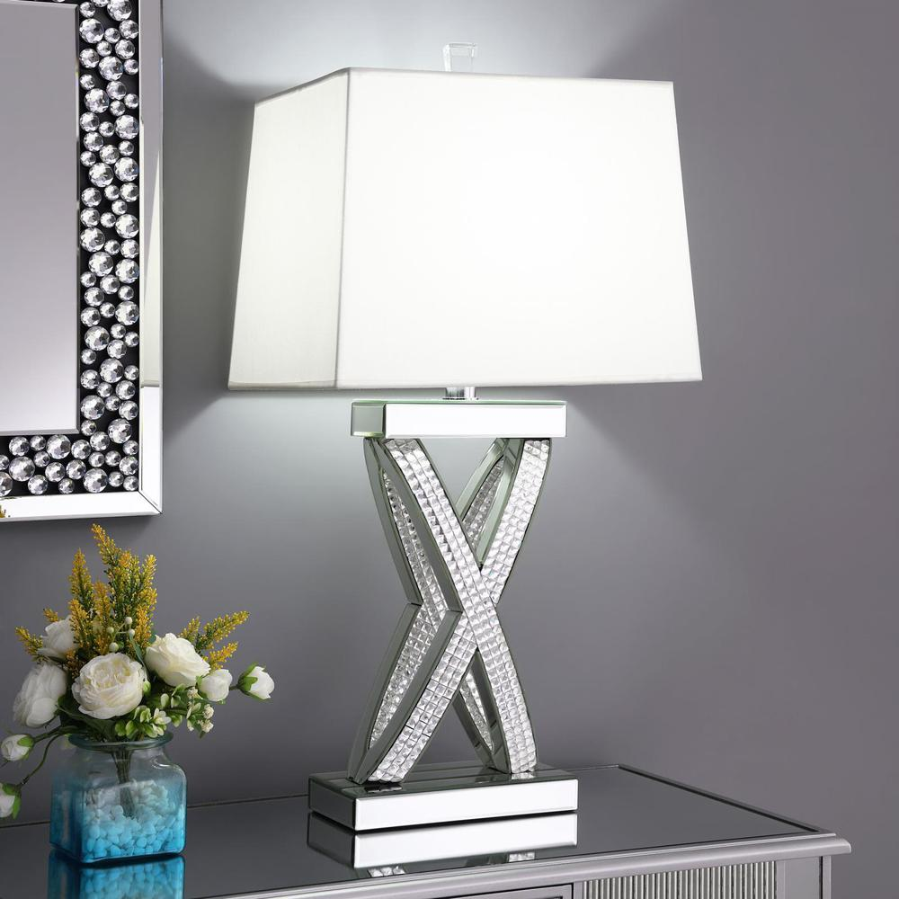Dominick 31" Tapered Mirrored Acrylic Table Lamp with White Shade – Glamorous Modern Accent Lighting