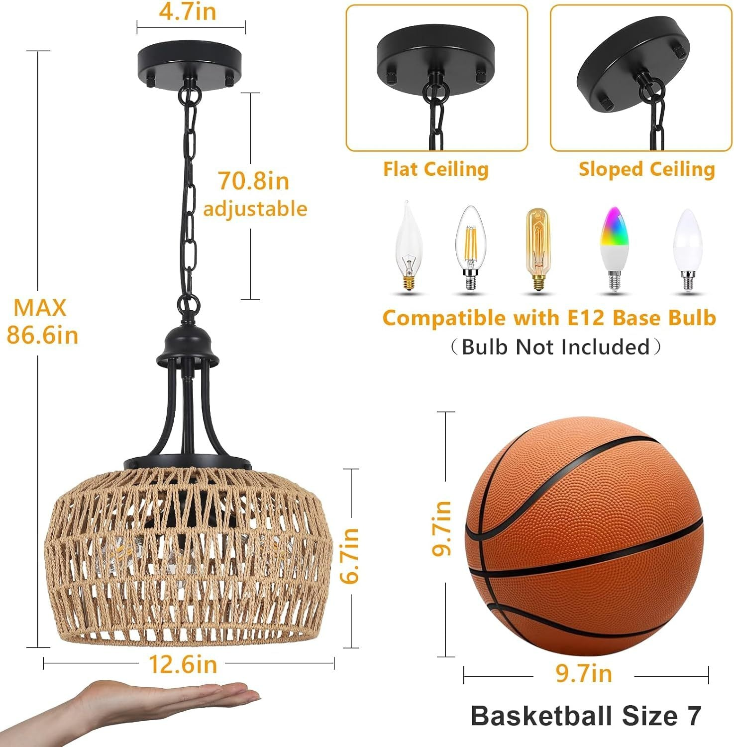 Farmhouse Chandelier for Dining Room, 3-Light Boho Rattan Chandelier Light Fixture Ceiling Hanging with Woven Lampshade, Small Wicker Coastal Pendant Light for Kitchen Bedroom Island Hallway