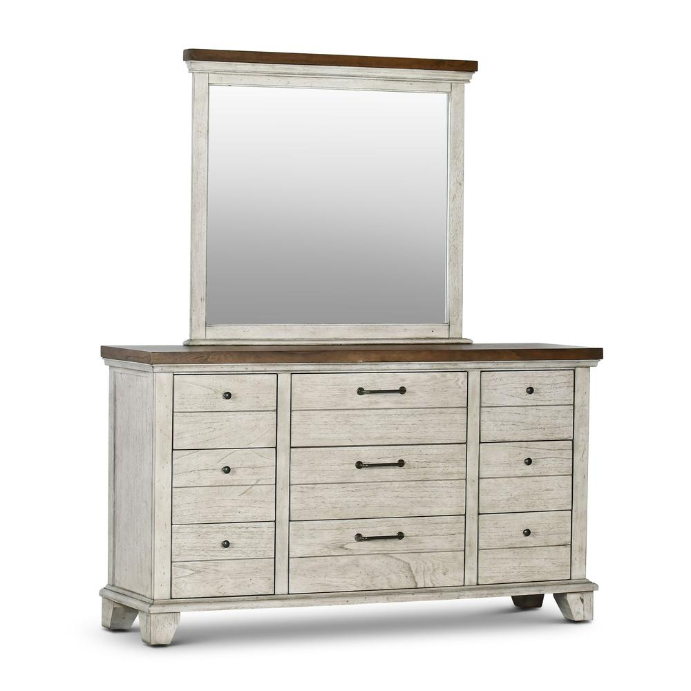 Bear Creek Rustic Farmhouse 9-Drawer Dresser with Mirror in Rustic Ivory & Honey Wood Accents