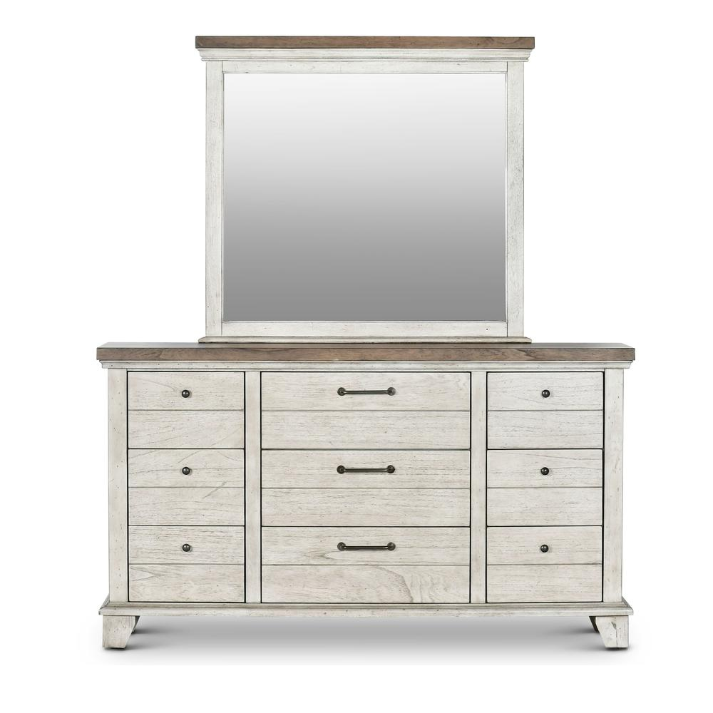 Bear Creek Rustic Farmhouse 9-Drawer Dresser with Mirror in Rustic Ivory & Honey Wood Accents