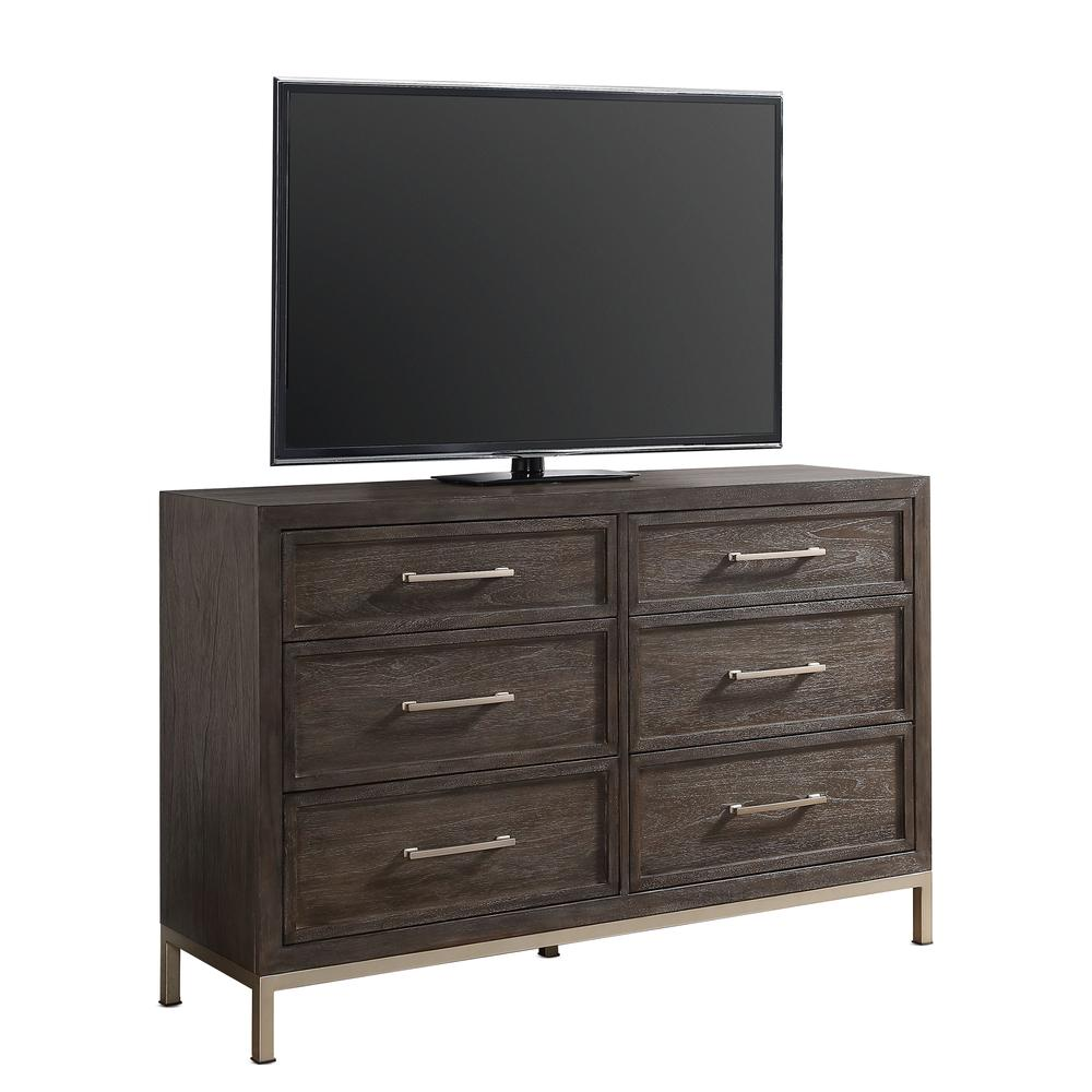 Broomfield Walnut 6-Drawer Dresser with Champagne Metal Base