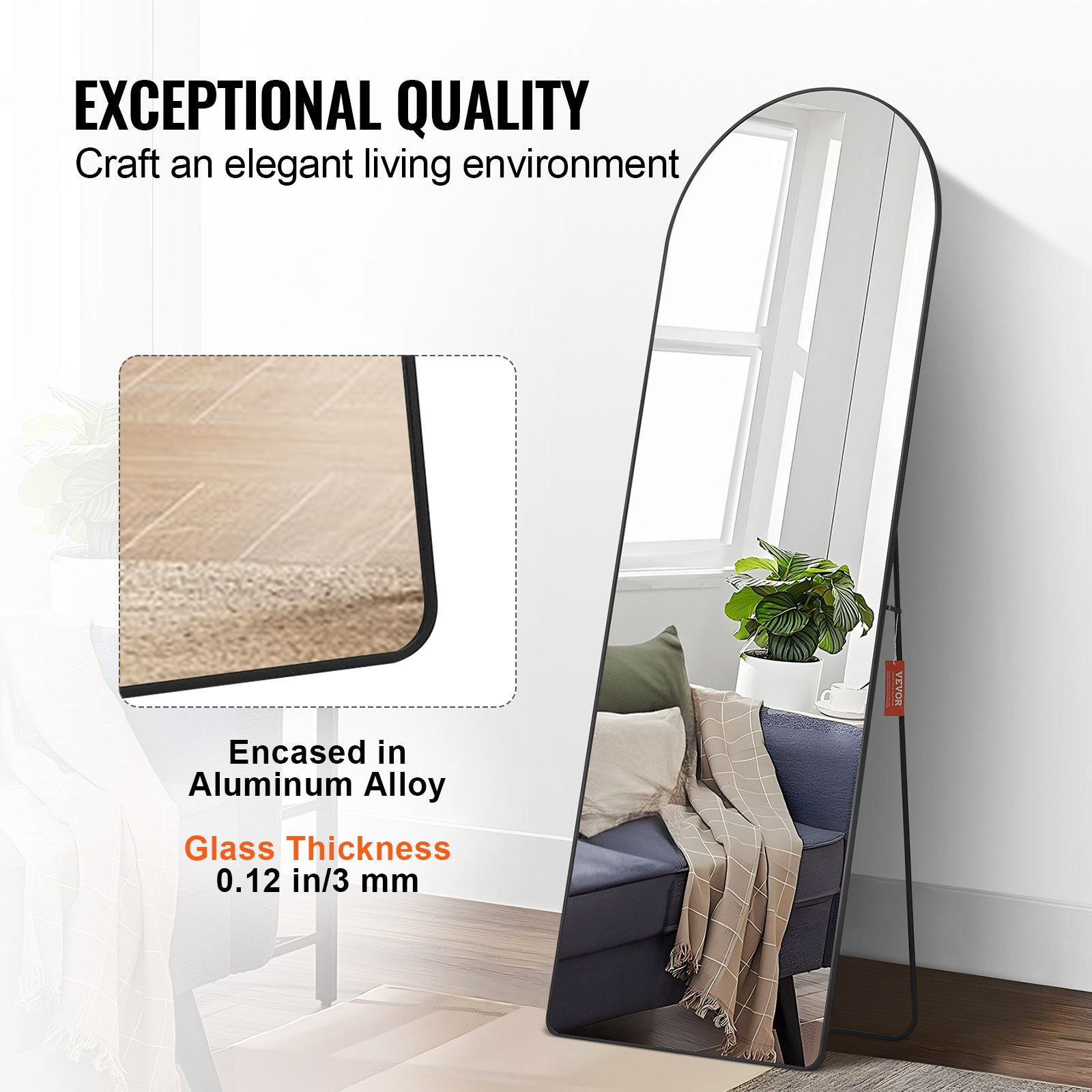 VEVOR Curved Tall Mirror, 65'' x 22'', Spacious Standalone or Wall Mount Reflective Surface with Aluminum Frame, Comprehensive View Dress Mirror for Bedroom or Living Space, Black