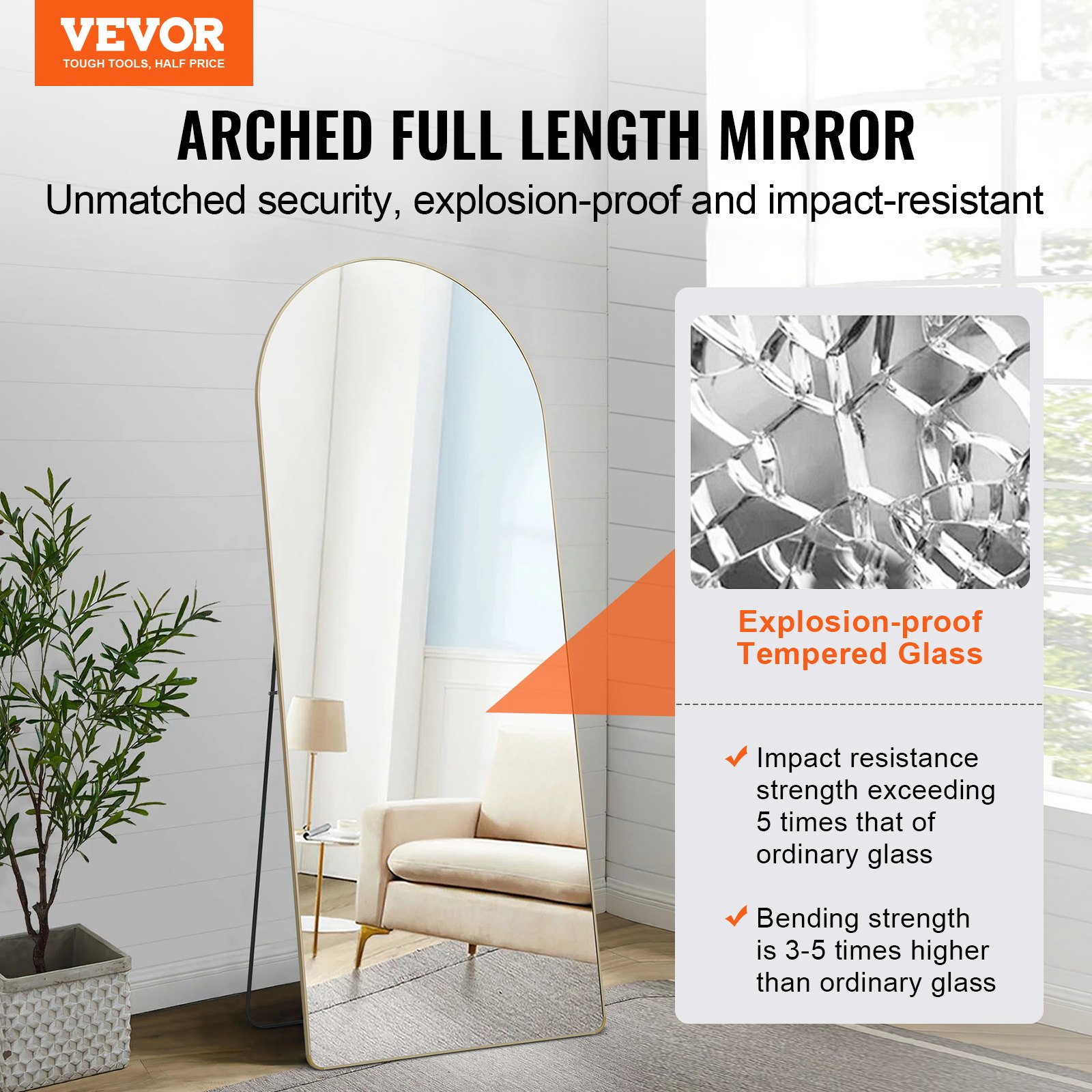 VEVOR Arched Full Length Mirror, 71'' x 30'', Large Free Standing Leaning Hanging Wall Mounted Floor Mirror with Stand Aluminum Alloy Frame, Full Body Dressing Mirror for Living Room Bedroom, Black