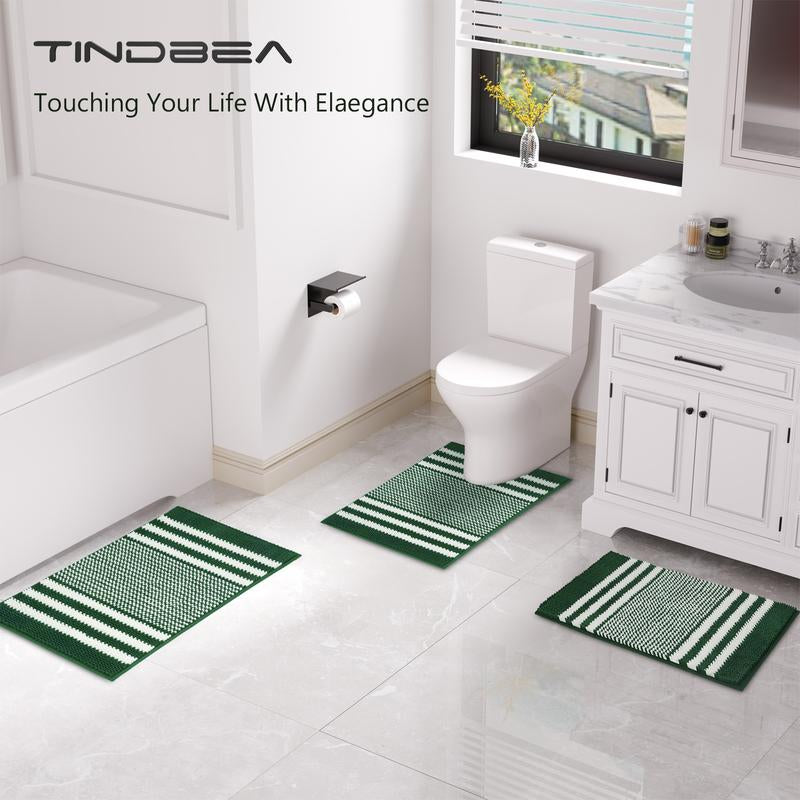 Green Bathroom Rug Set, 3-Piece Ultra Soft Non-Slip Chenille Bath Mats, Plush Absorbent Toilet & Floor Mats