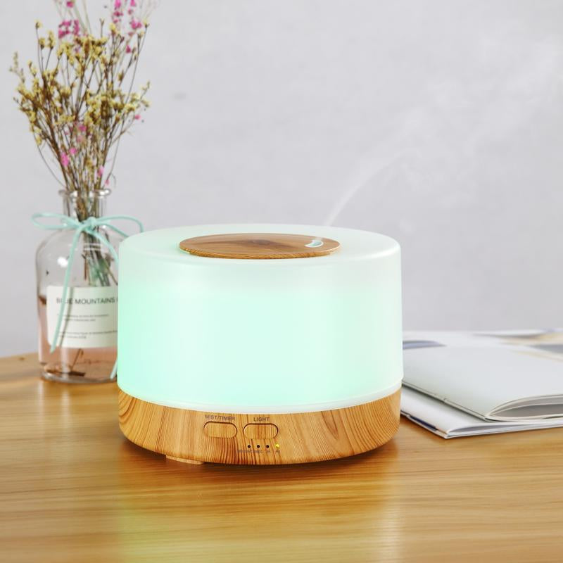 500ml Ultrasonic Aroma Diffuser + 6 Essential Oils | Quiet Humidifier, Air Purifier, 7 LED Colors, Auto-Off Safety, Wood Grain Design for Home, Bedroom & Large Rooms