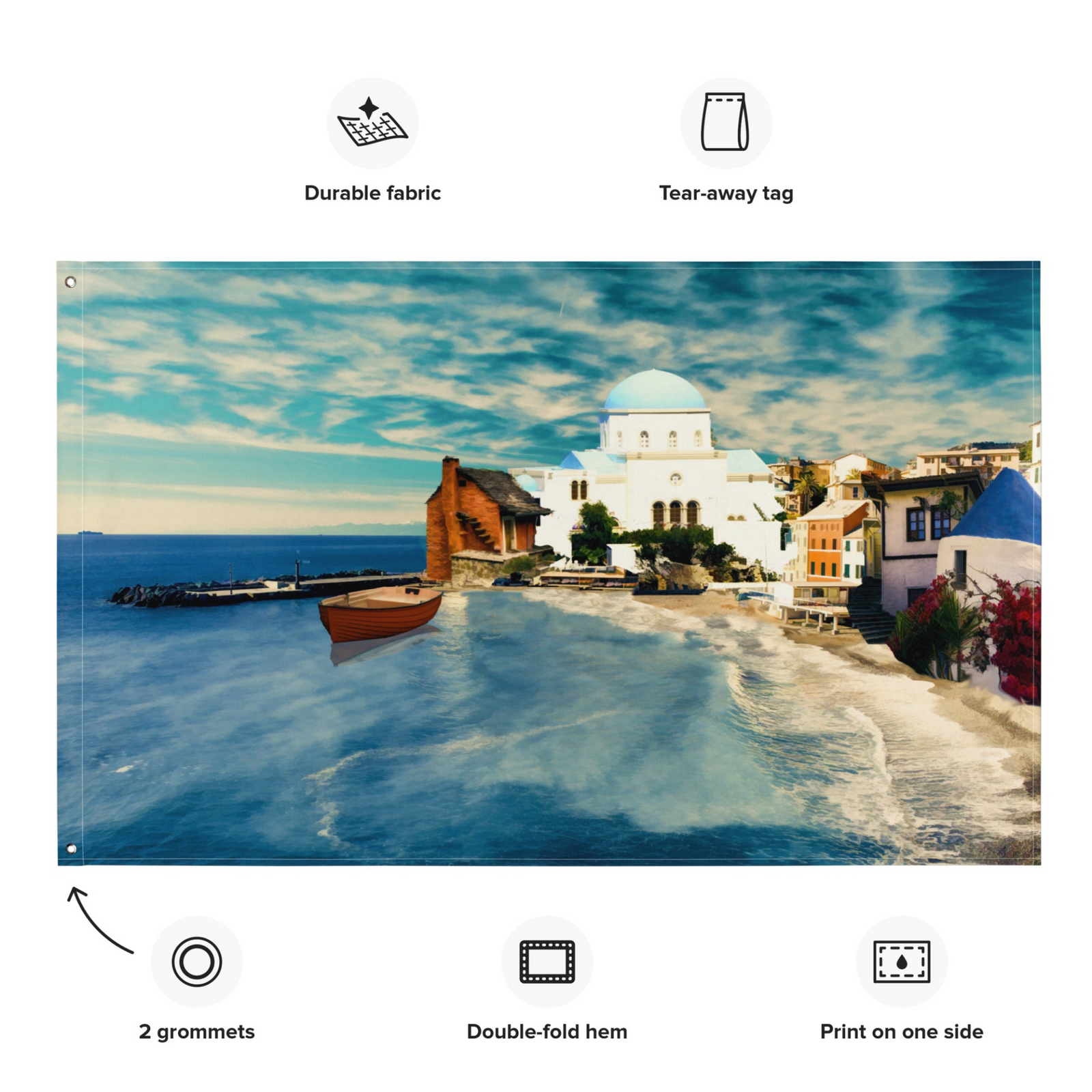 Santorini Beach Wall Tapestry – 100% Polyester Coastal Wall Hanging