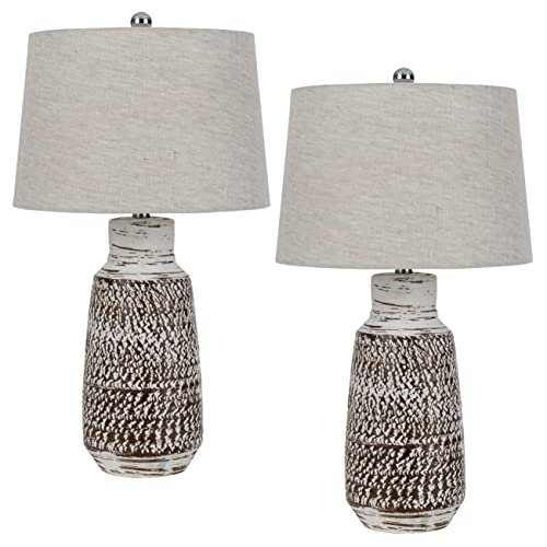 Scottsboro Distressed Terra Cotta Ceramic Table Lamp Set – Weathered White Finish with Fabric Shades (Pair, 150W 3-Way)
